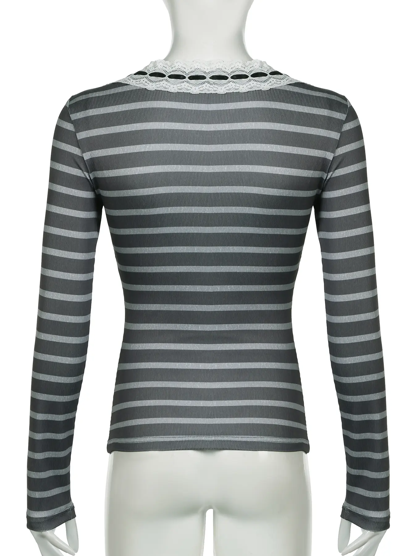 Rockmore Chic Tie Lace Trim O-neck Striped Long Sleeve T-Shirt Retro Pullover Tops Women Y2K Aesthetic 2000s Clothes Autumn New
