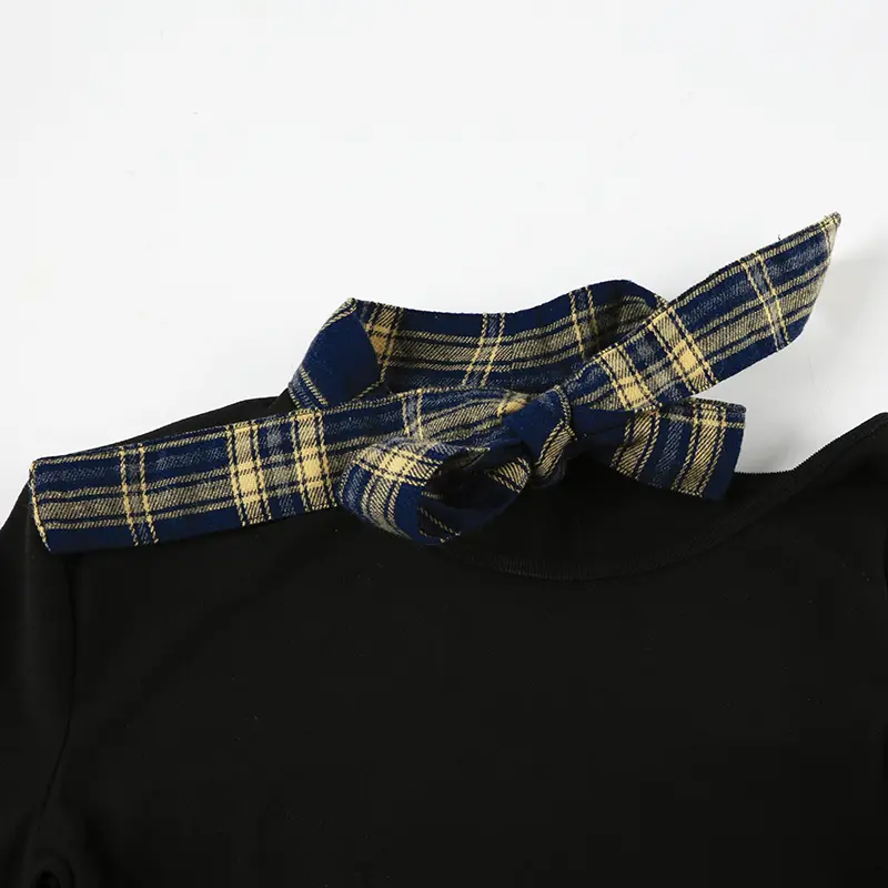 Rockmore Bow Tie Up Plaid Patchwork Off-shoulder Women's T-shirt y2k Coquette Korean Female Slim Long Sleeve Tops