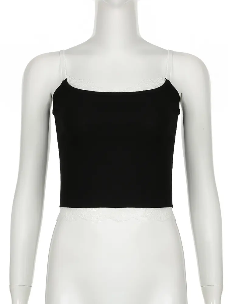 Rockmore Lace Patchwork Tank Top Women Solid Cropped Camis Y2K Sleeveless Knitted Crop Top Summer Mini Vests Korean 2024
