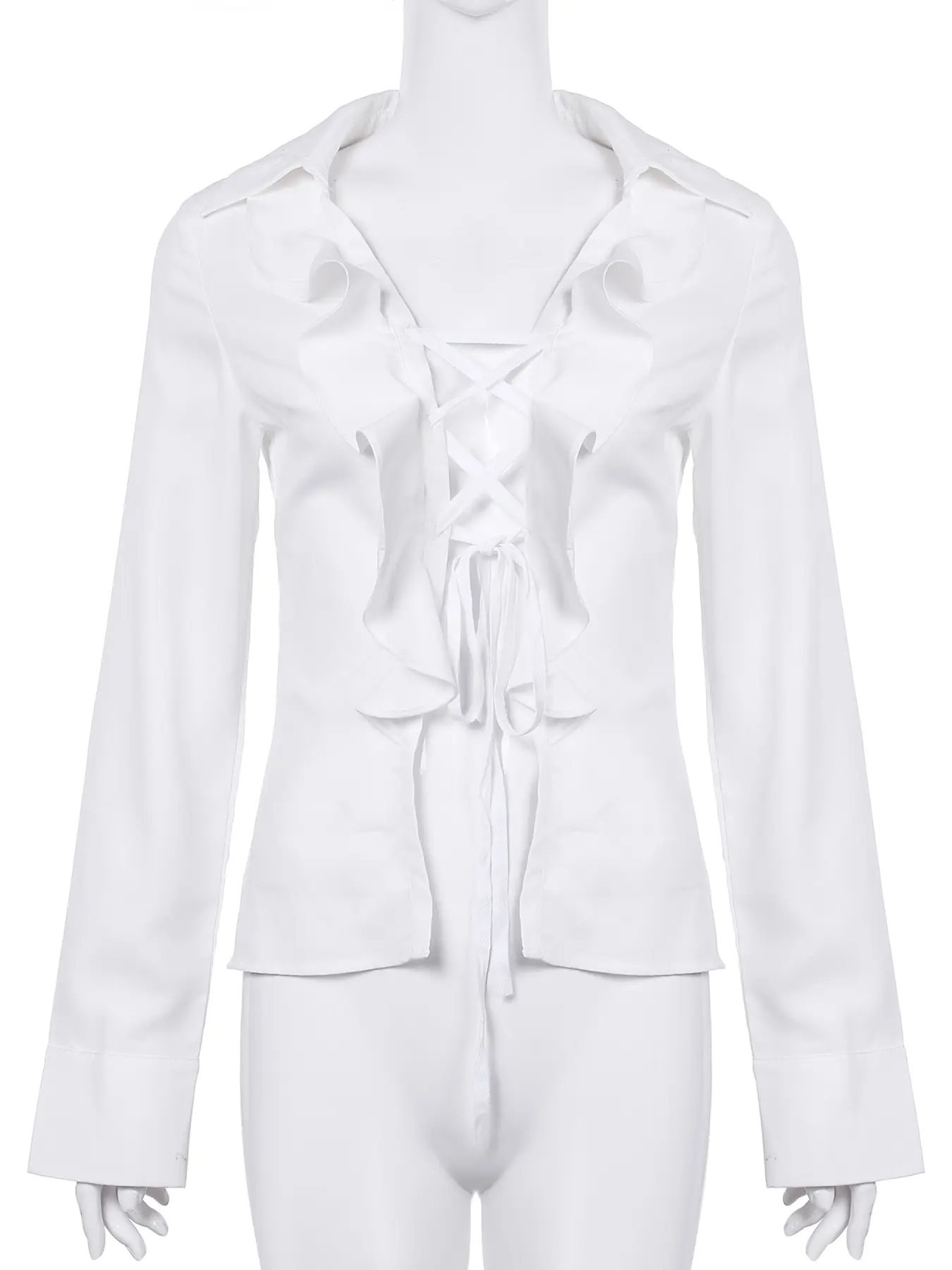 Rockmore Y2k Aesthetic Ruffle Tie Shirts Woman Streetwear Elegant Sexy Solid Long Sleeves Tops Casual Vacation Outfits  Coquette