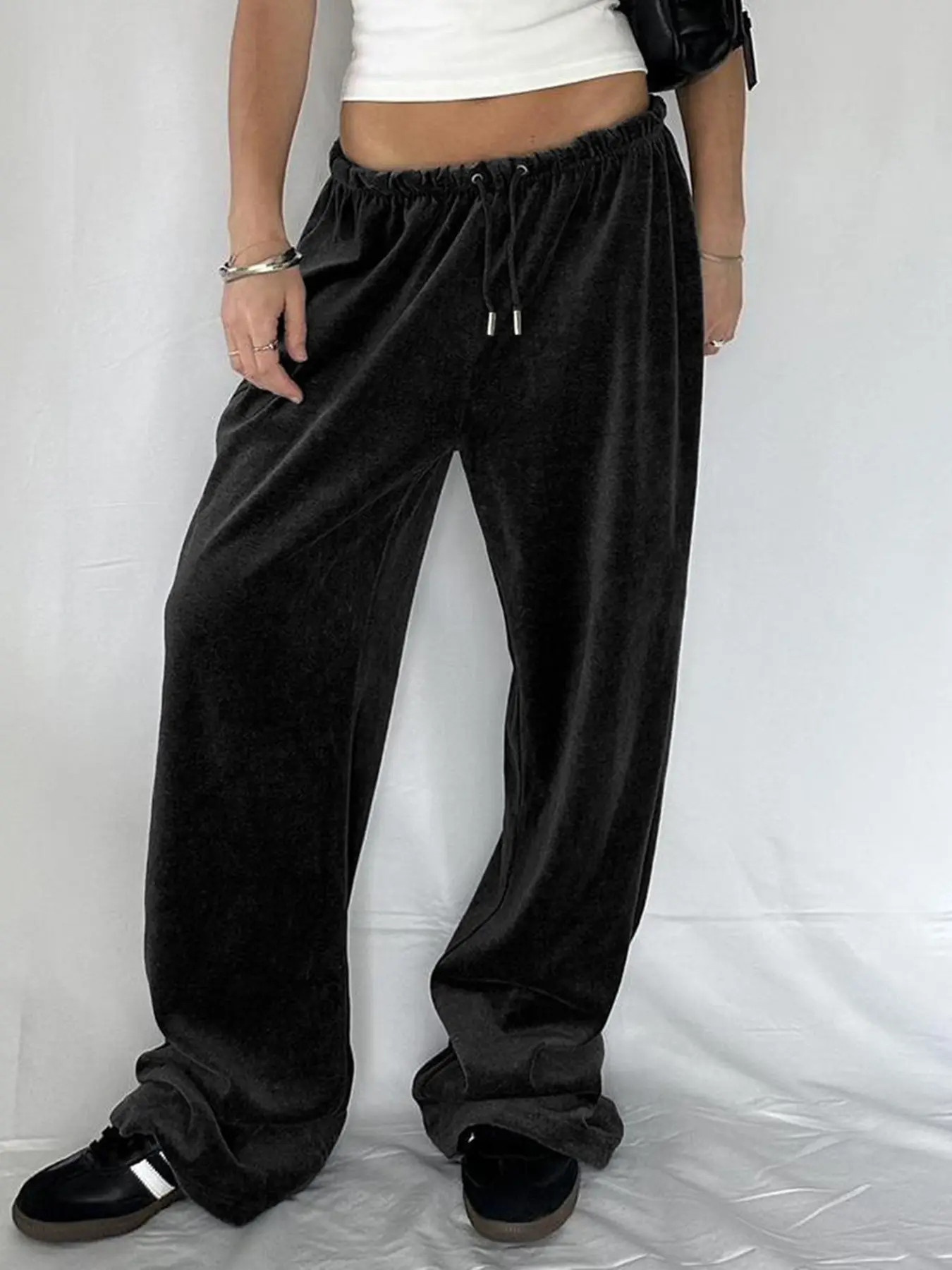 Rockmore Women's Black Velvet Straight-Leg Pants Vintage Streetwear Casual Loose Solid Trousers Autumn Winter Clothes All-match
