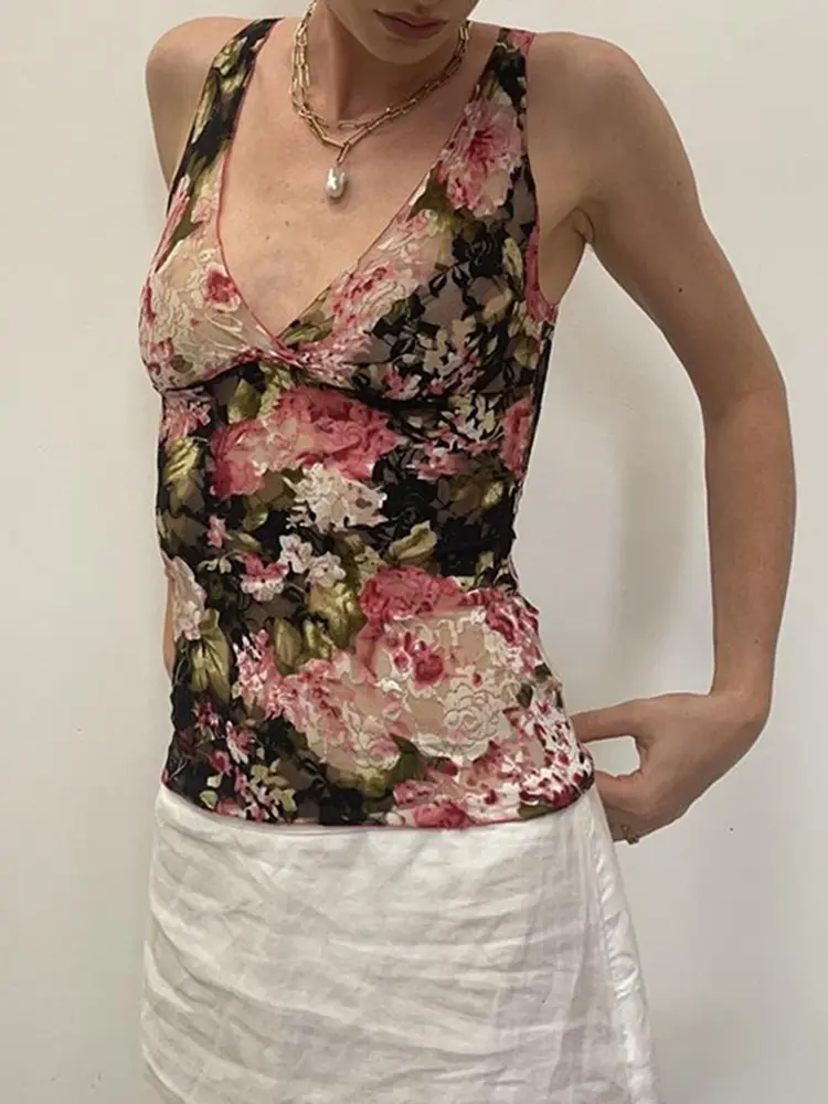Rockmore Floral Print Lace See Through Wrap Tank Top Summer Casual Deep V Neck Sleeveless Camis Holiday Vacation Women's Clothes