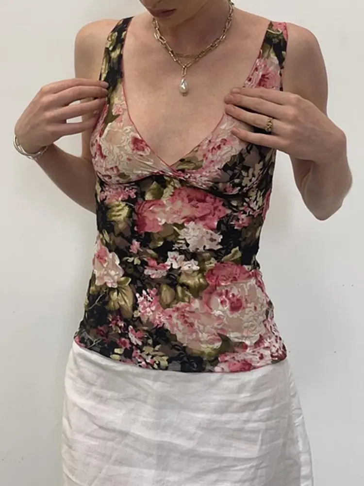 Rockmore Floral Print Lace See Through Wrap Tank Top Summer Casual Deep V Neck Sleeveless Camis Holiday Vacation Women's Clothes