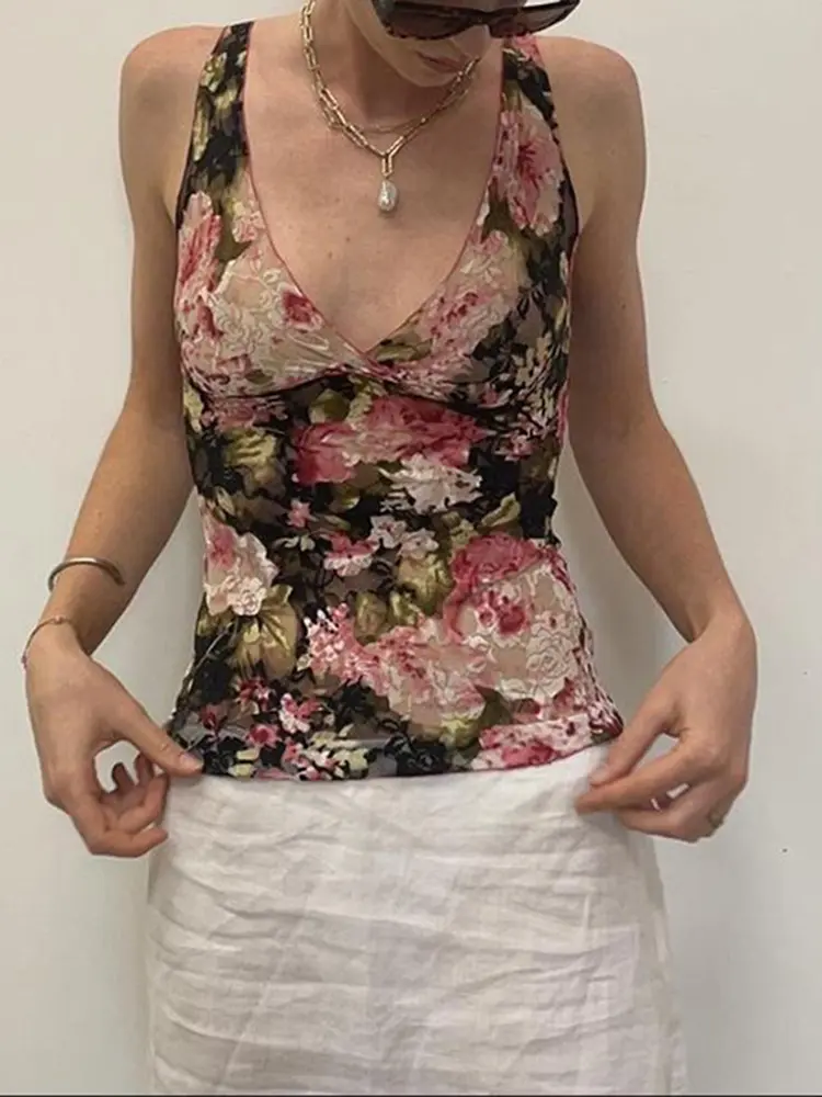 Rockmore Floral Print Lace See Through Wrap Tank Top Summer Casual Deep V Neck Sleeveless Camis Holiday Vacation Women's Clothes