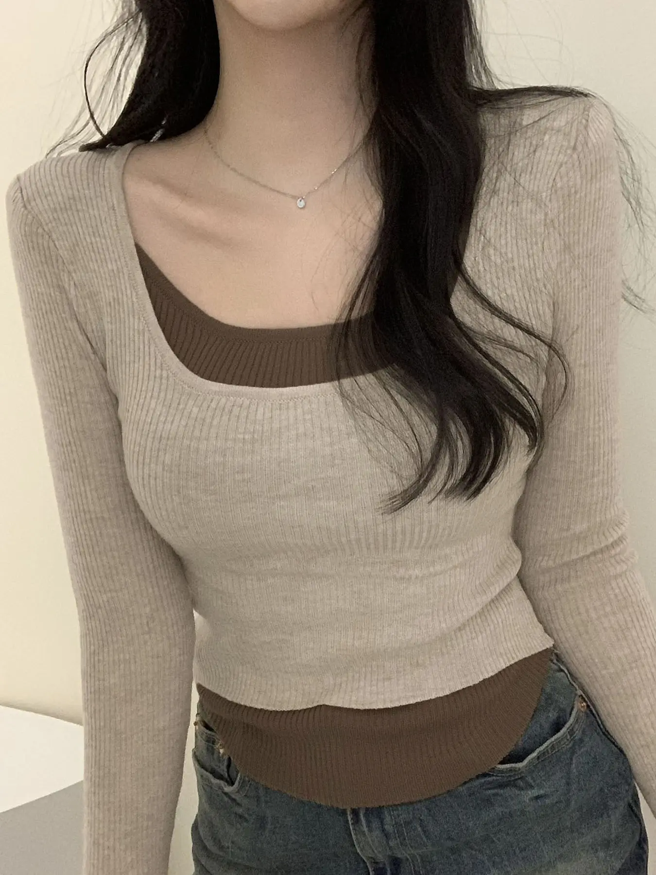 Rockmore Fake 2 Pcs Patchwork T-shirts for Women Harajuku Slim Long Sleeve Tops Y2k All-match Knitted Pullovers Autumn Clothes