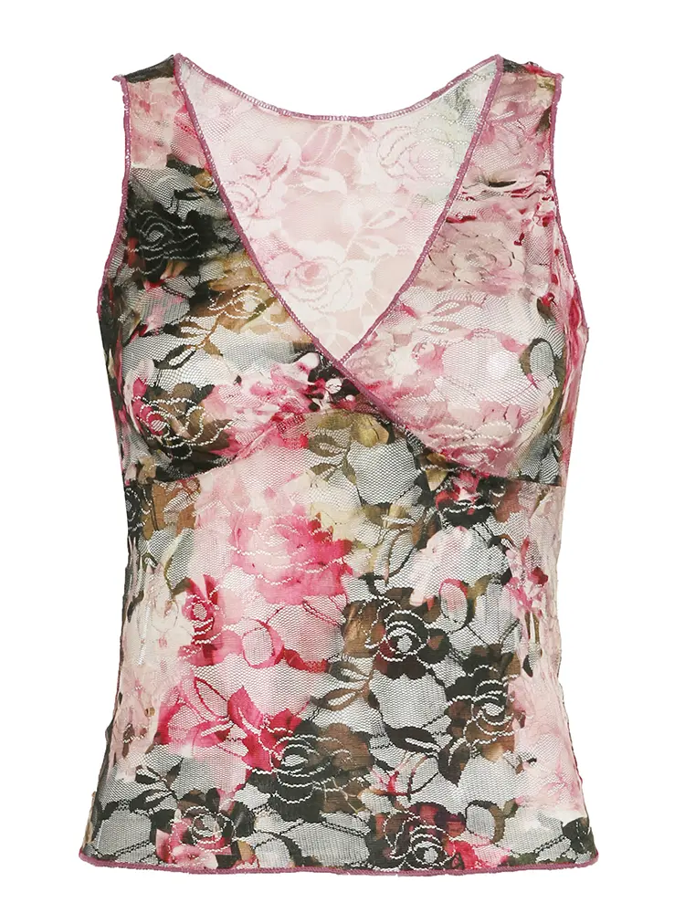 Rockmore Floral Print Lace See Through Wrap Tank Top Summer Casual Deep V Neck Sleeveless Camis Holiday Vacation Women's Clothes