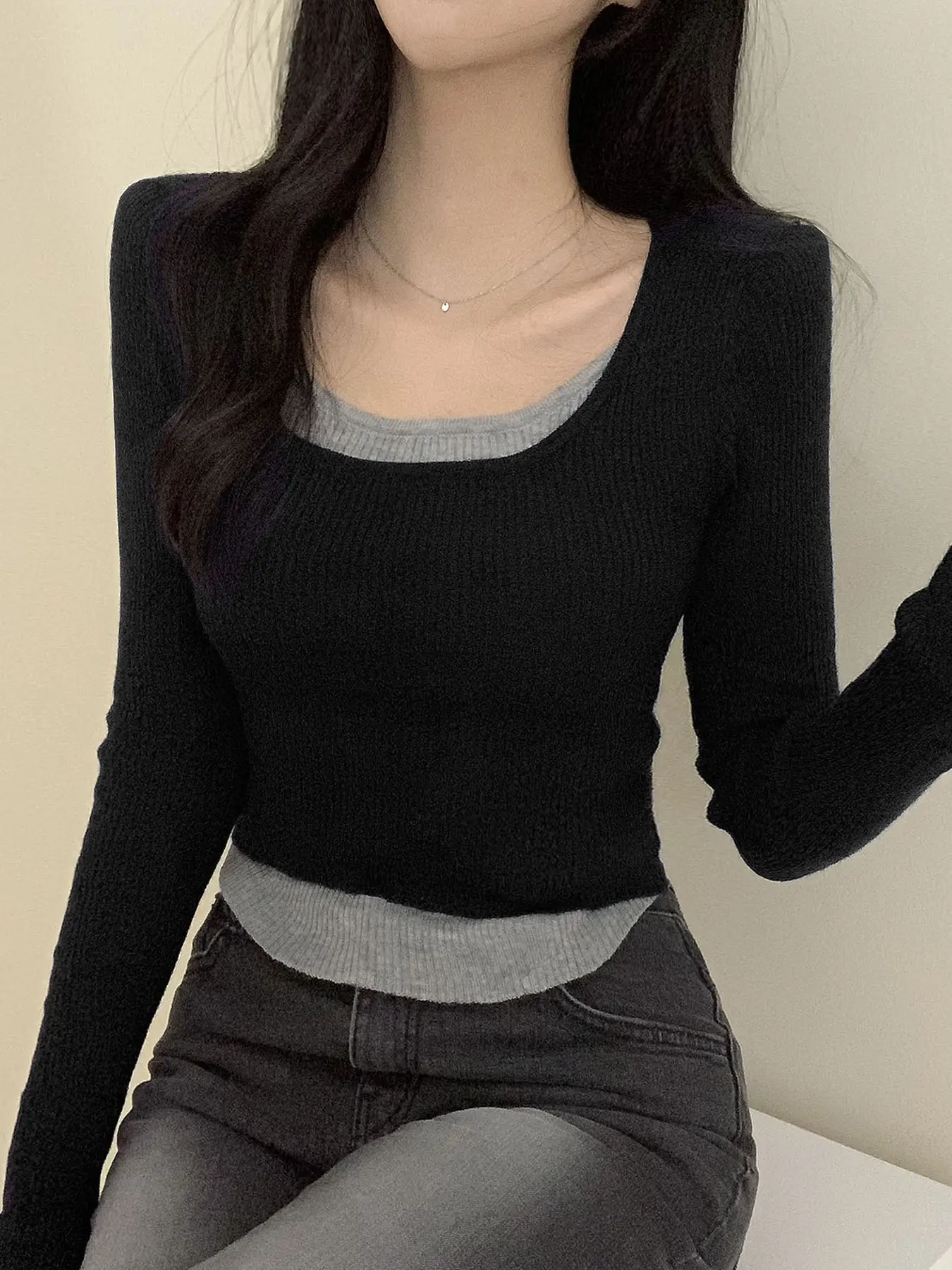 Rockmore Fake 2 Pcs Patchwork T-shirts for Women Harajuku Slim Long Sleeve Tops Y2k All-match Knitted Pullovers Autumn Clothes