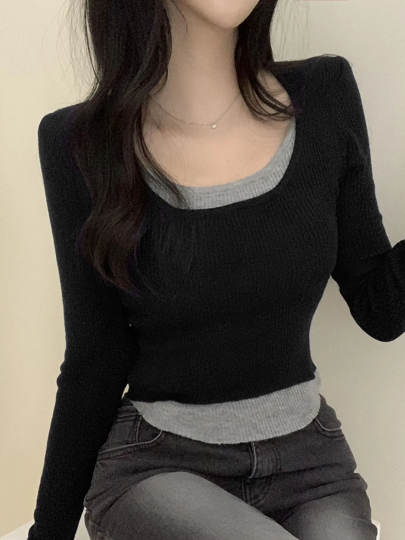 Rockmore Fake 2 Pcs Patchwork T-shirts for Women Harajuku Slim Long Sleeve Tops Y2k All-match Knitted Pullovers Autumn Clothes
