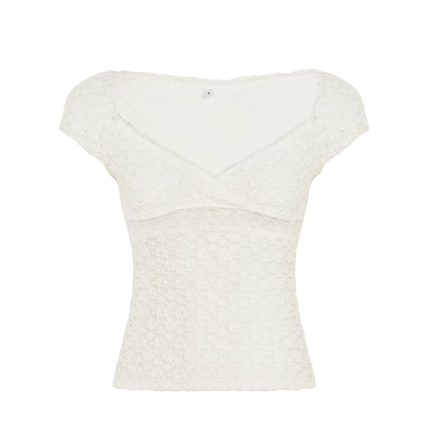 Rockmore Lace Texture Sheer Women’s T-Shirt Summer Solid Color Short Sleeve V-Neck Crop Top Stylish Women's Casual Wear