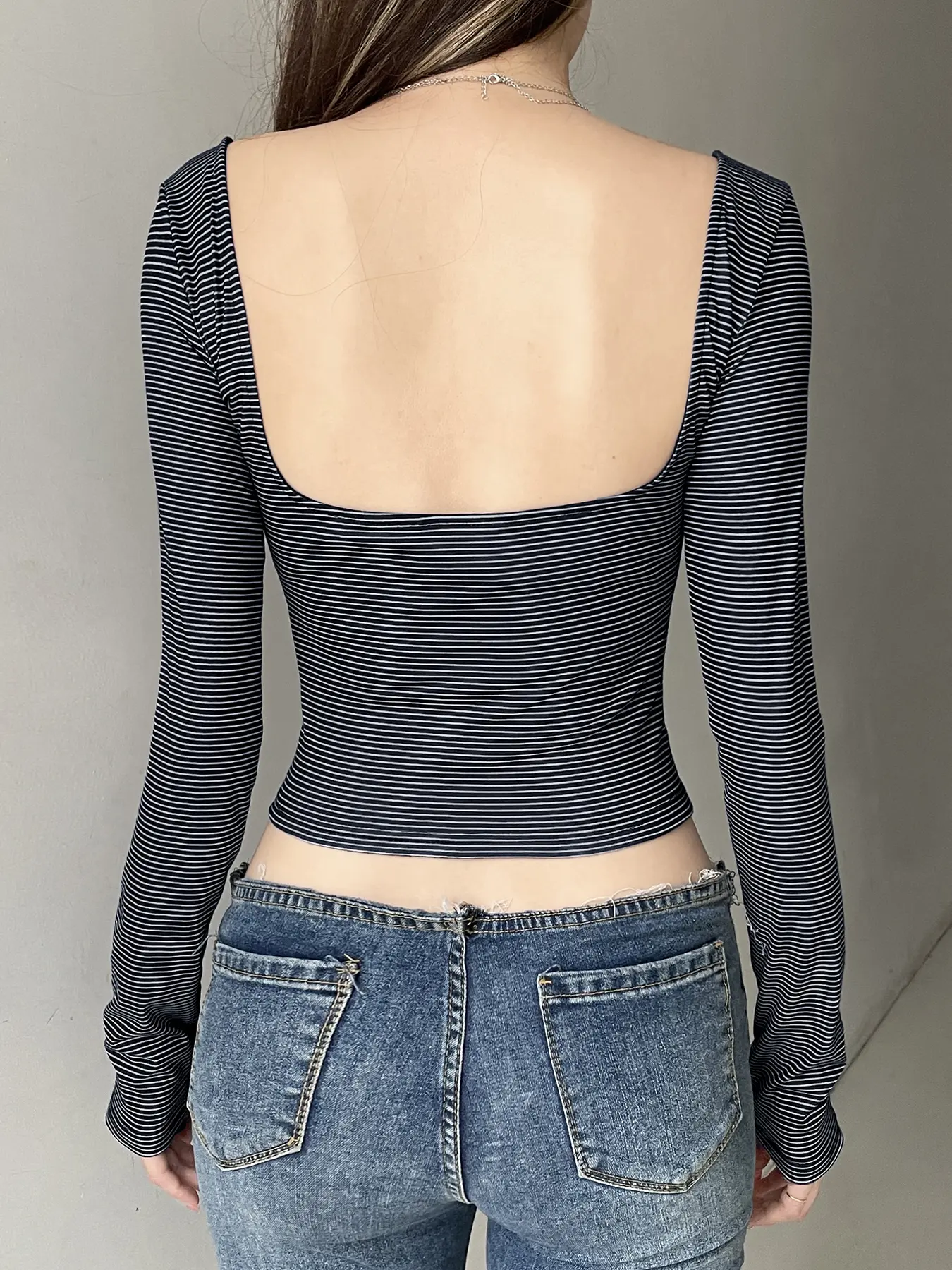 Rockmore Casual Square Neck Backless Striped T-Shirt Women Vintage Long Sleeve Slim Sexy Lady Tops Harajuku Aesthetic All Match