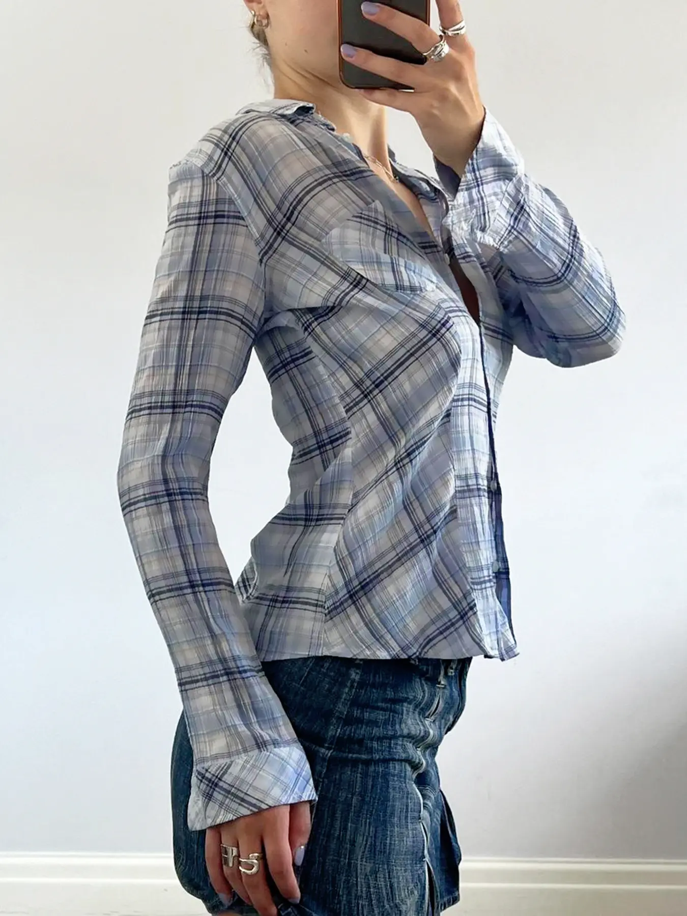 Rockmoer Vintage Plaid Long Sleeve Shirts Basic Casual Fashion All Match Women Tops Streetwear Harajuku Y2k Chic Korean Clothes