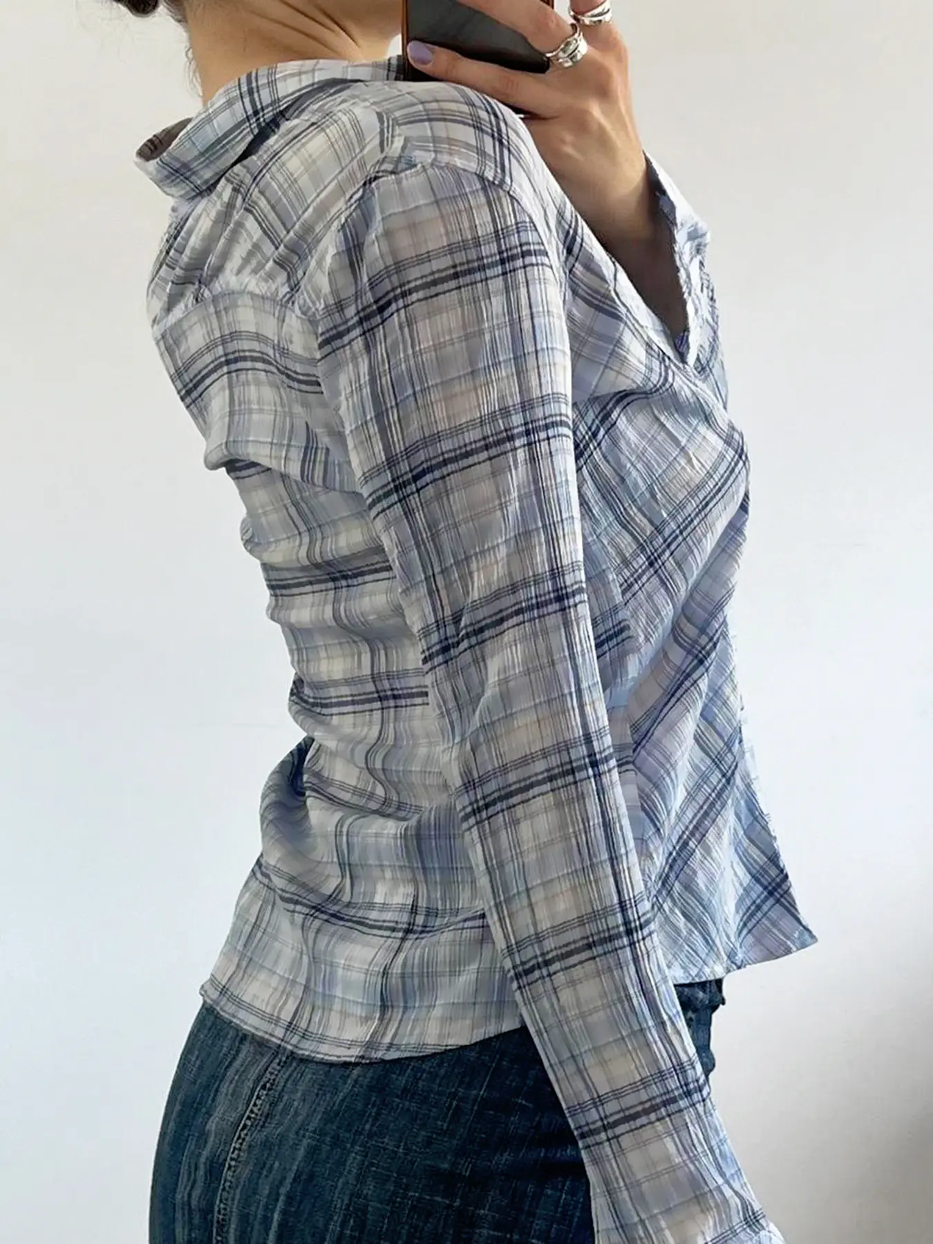 Rockmoer Vintage Plaid Long Sleeve Shirts Basic Casual Fashion All Match Women Tops Streetwear Harajuku Y2k Chic Korean Clothes