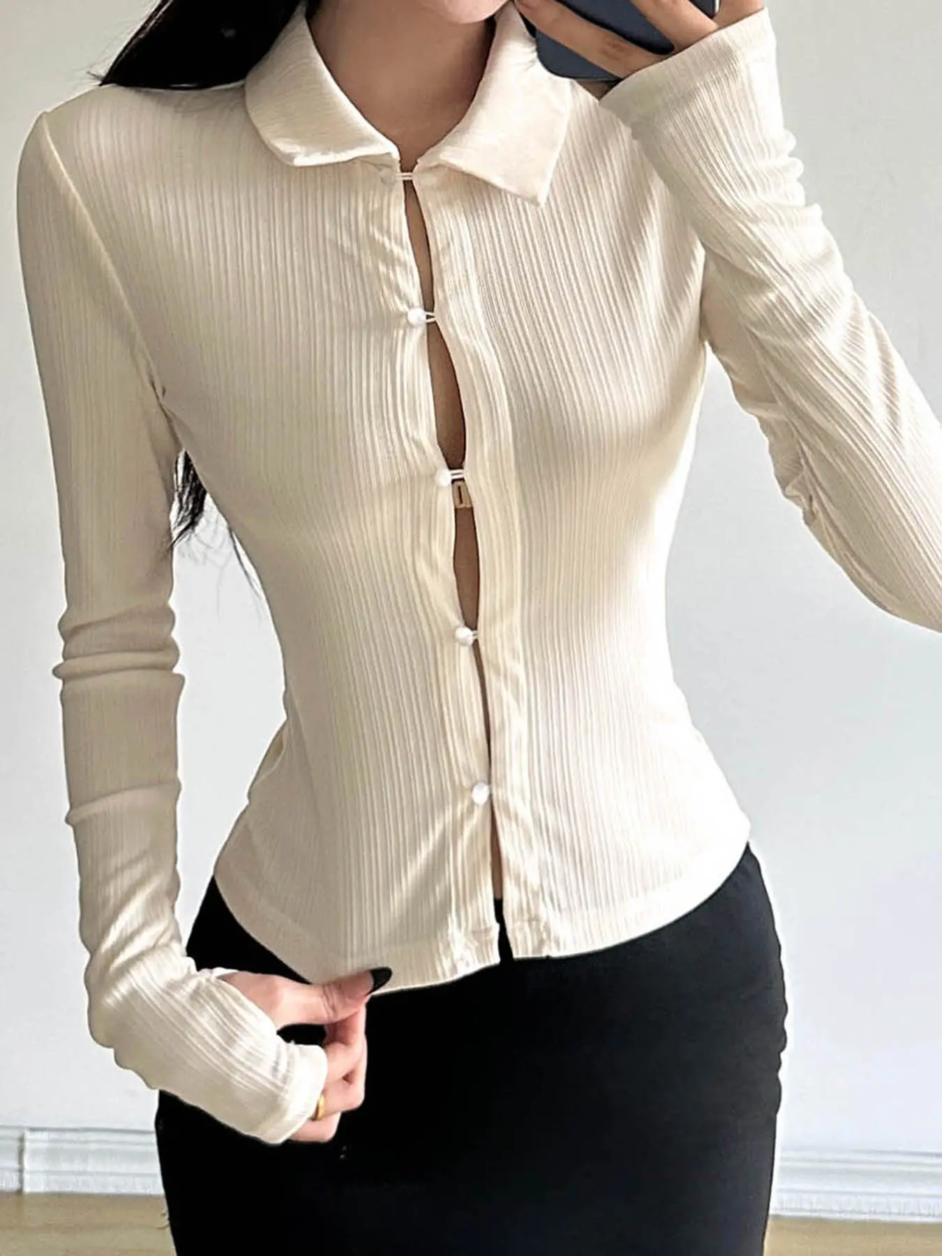 Rockmore Elegant Slim Thin Turn-down Collar Knit Long Sleeve All-match Solid Patchwork Button Casual Tops Korean Women's Clothes