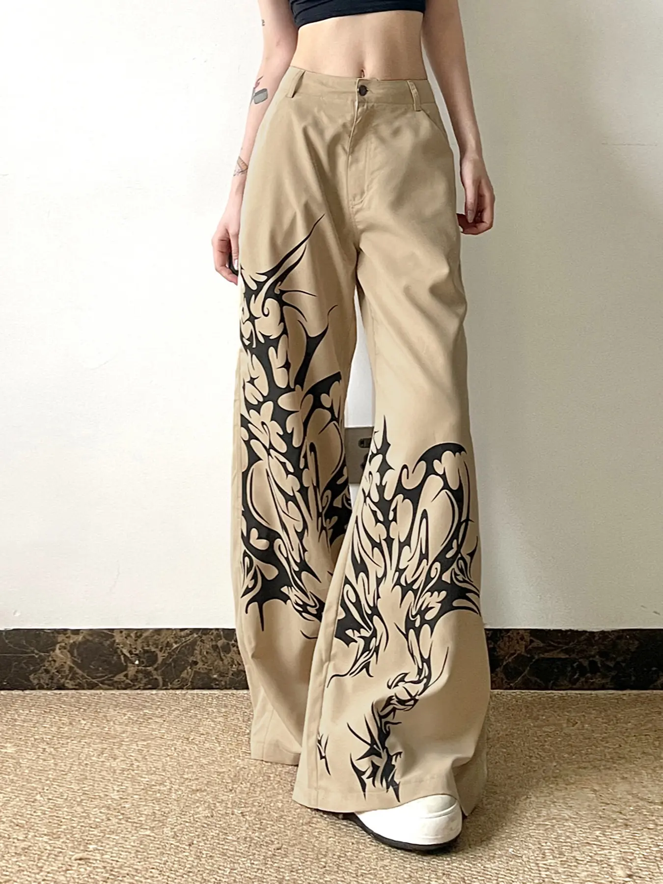 Rockmore Casual Woven Pants for Women Aesthetic Khaki Print Baggy Streetwear Y2k Vintage Loose Straight Trousers Chic All Match