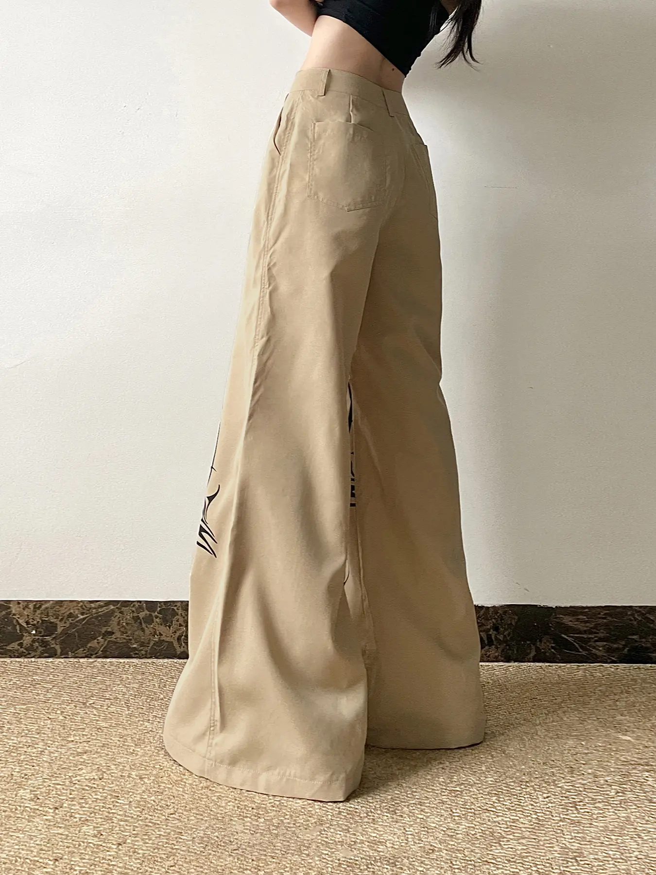 Rockmore Casual Woven Pants for Women Aesthetic Khaki Print Baggy Streetwear Y2k Vintage Loose Straight Trousers Chic All Match