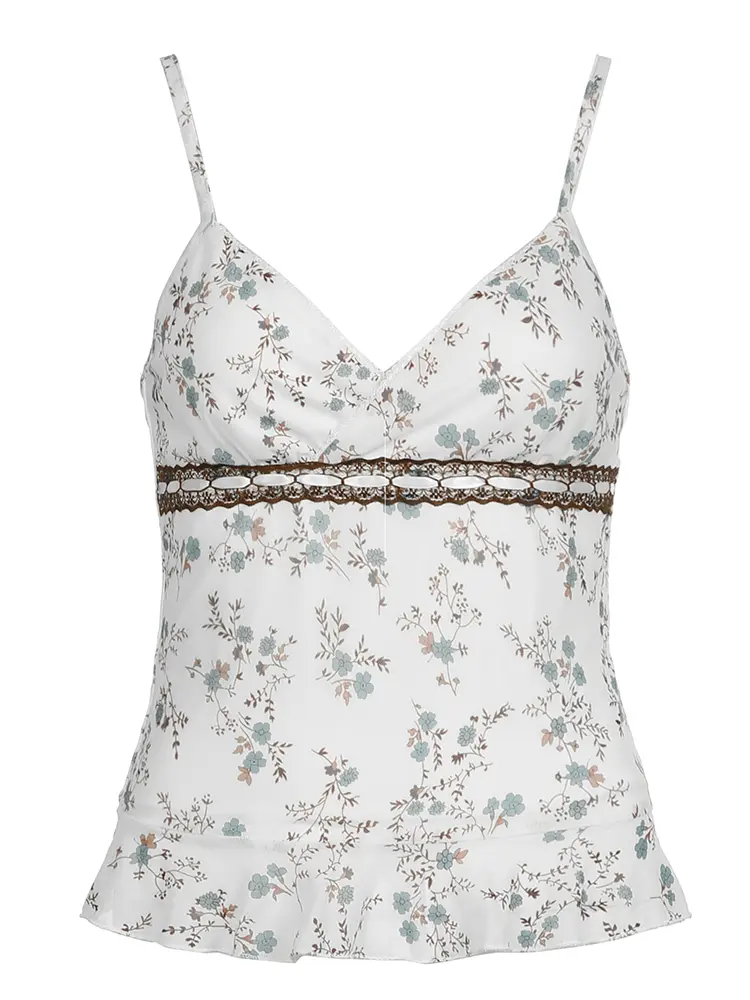 Rockmore Women's Ditsy Floral Print Scallop Crop Cami Top Y2K Sweetheart Neck Ruffle Hem Contrast Lace Camisole Ladies Summer