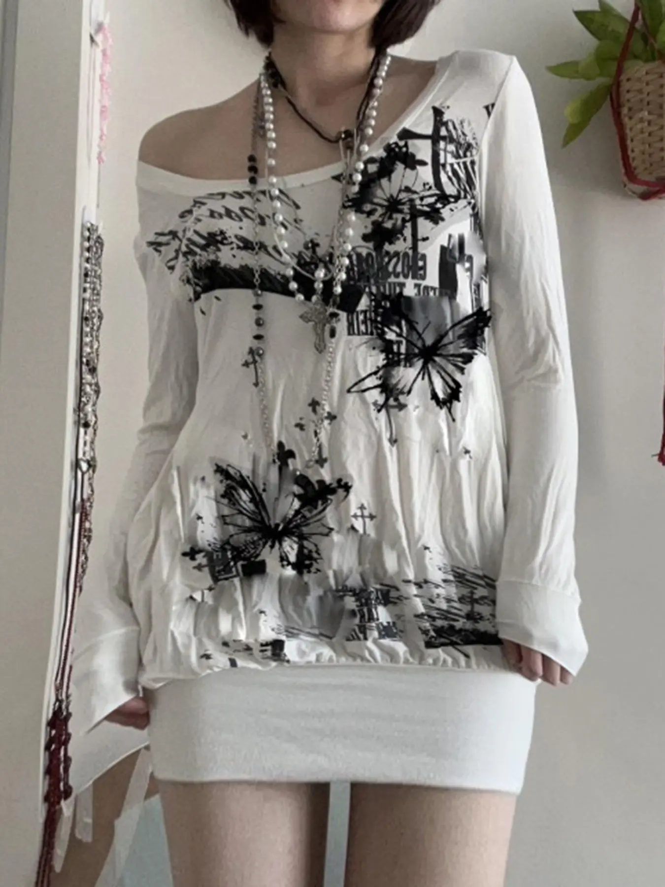 Rockmore Y2K Backless Aesthetic Print T-shirts for Women Vintage Long Sleeve Tees Dark Gothic Streetwear Tops Harajuku Clothes
