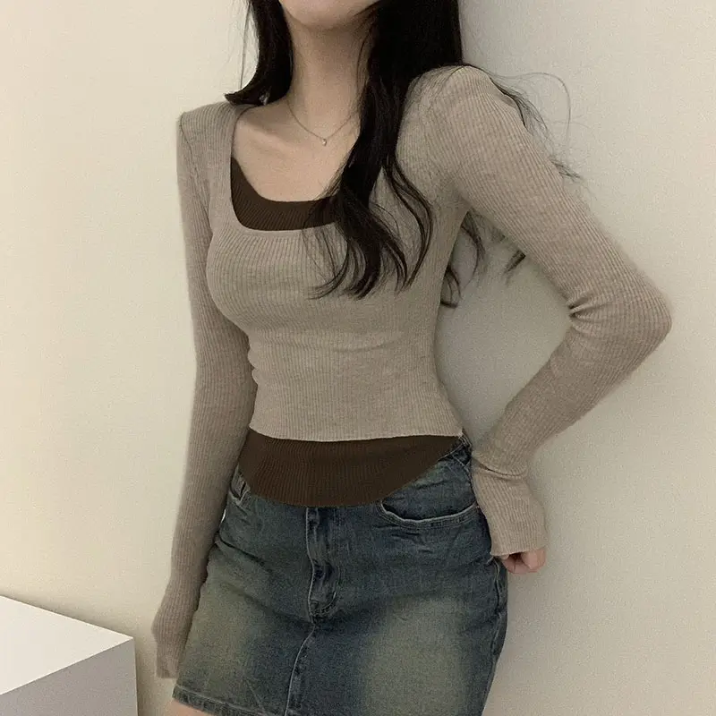 Rockmore False Two Piece Tops Women Long Sleeve T Shirt Color Block Knitted Crop Top Slim Solid Casual Blouse for Spring Autumn