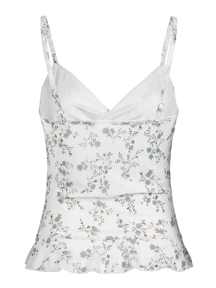 Rockmore Women's Ditsy Floral Print Scallop Crop Cami Top Y2K Sweetheart Neck Ruffle Hem Contrast Lace Camisole Ladies Summer
