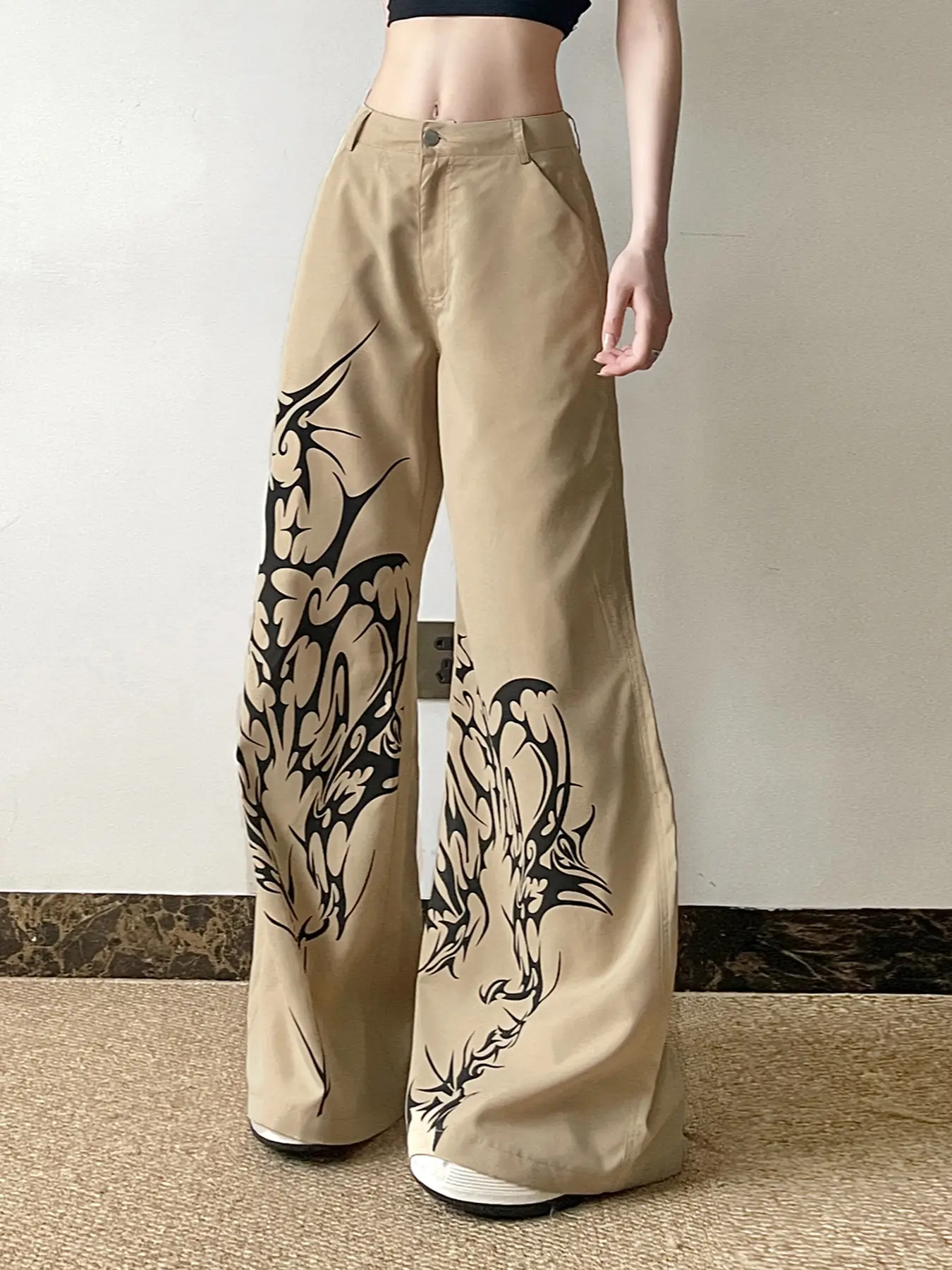 Rockmore Casual Woven Pants for Women Aesthetic Khaki Print Baggy Streetwear Y2k Vintage Loose Straight Trousers Chic All Match