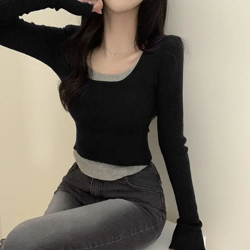 Rockmore False Two Piece Tops Women Long Sleeve T Shirt Color Block Knitted Crop Top Slim Solid Casual Blouse for Spring Autumn