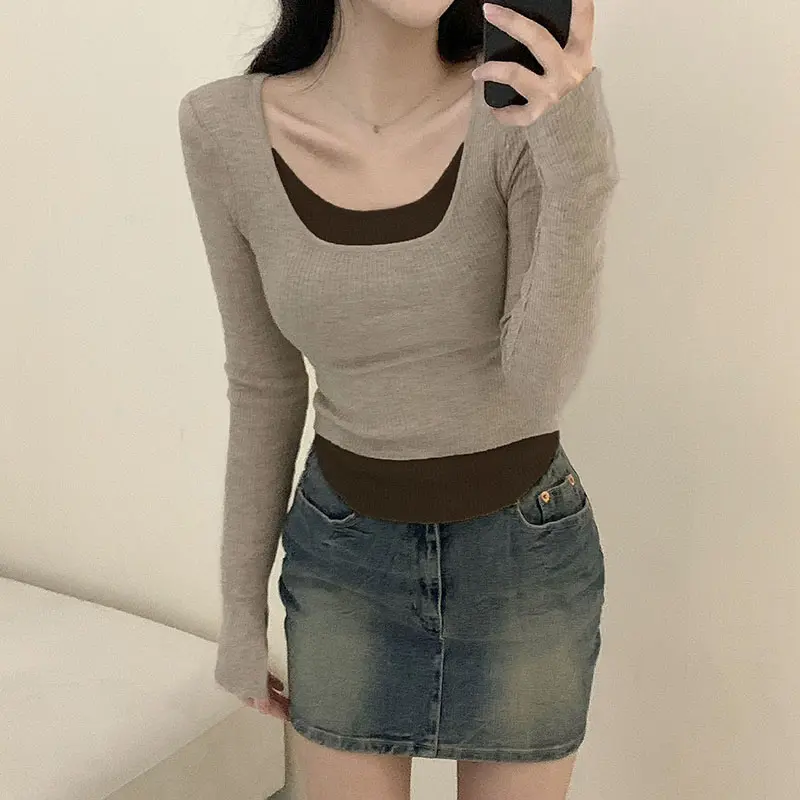 Rockmore False Two Piece Tops Women Long Sleeve T Shirt Color Block Knitted Crop Top Slim Solid Casual Blouse for Spring Autumn