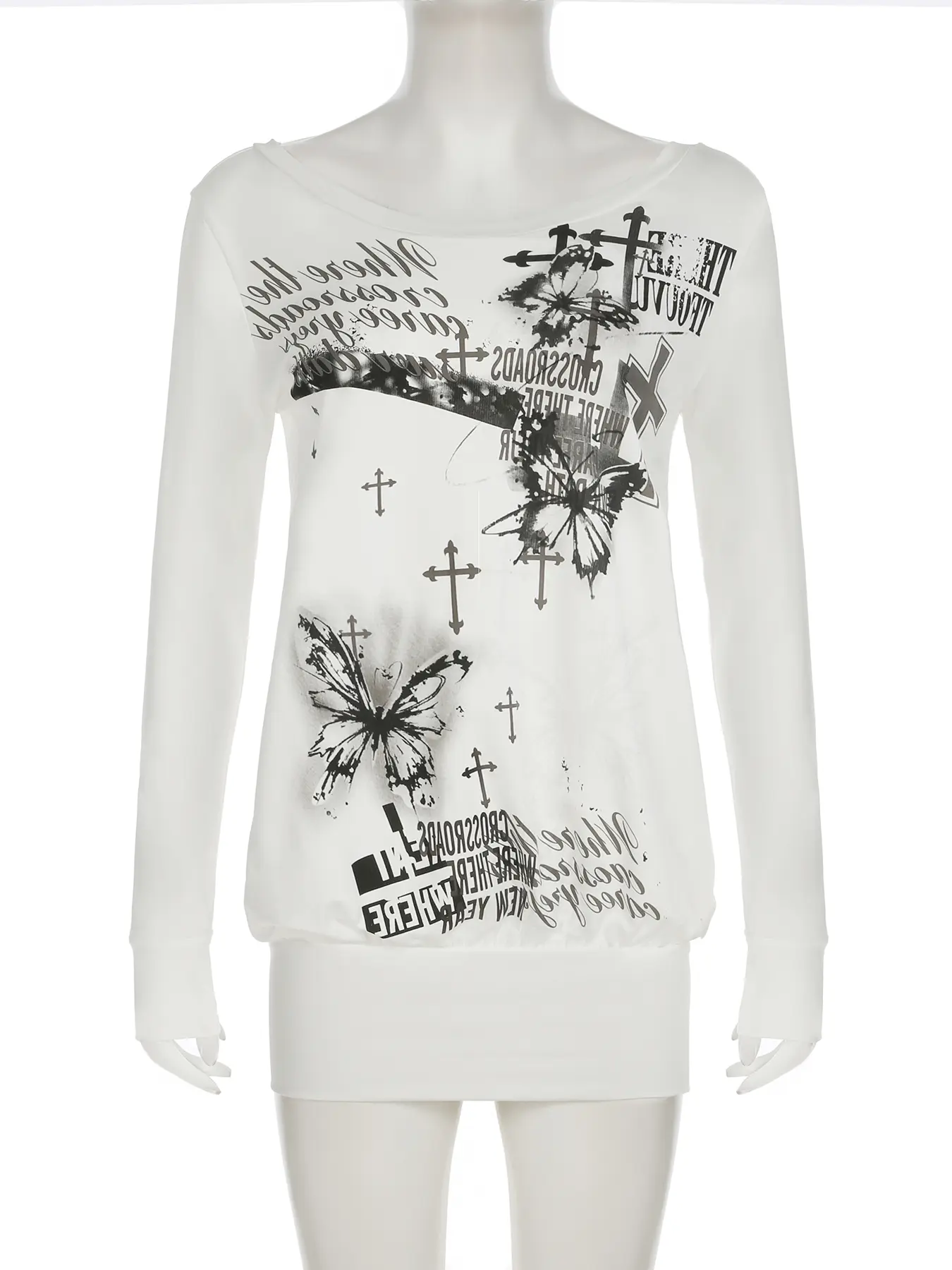 Rockmore Y2K Backless Aesthetic Print T-shirts for Women Vintage Long Sleeve Tees Dark Gothic Streetwear Tops Harajuku Clothes