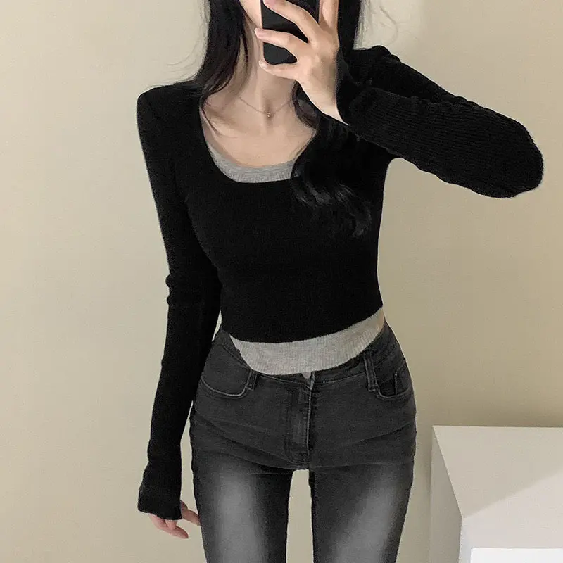 Rockmore False Two Piece Tops Women Long Sleeve T Shirt Color Block Knitted Crop Top Slim Solid Casual Blouse for Spring Autumn