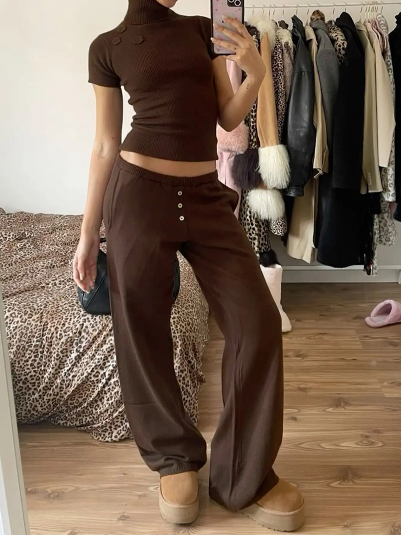 Rockmore Brown Knit Casual Elastic Waist Pant for Women Retro Solid Buttons Straight Trouser Harajuku Chic All Match Y2k Clothes