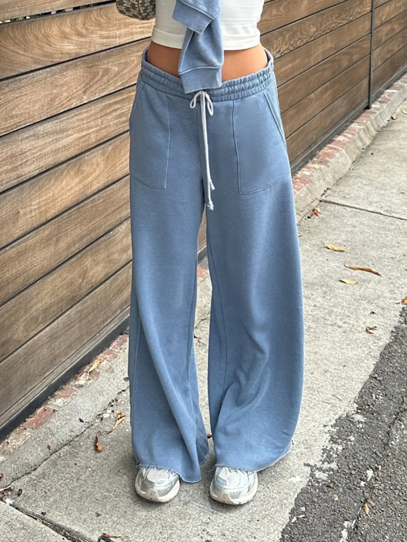 Rockmore Casual Drawstring Wide Leg Women's Sweatpants Solid Pocket Straight Pants Baggy Bottoms Y2K Street Girls Trousers