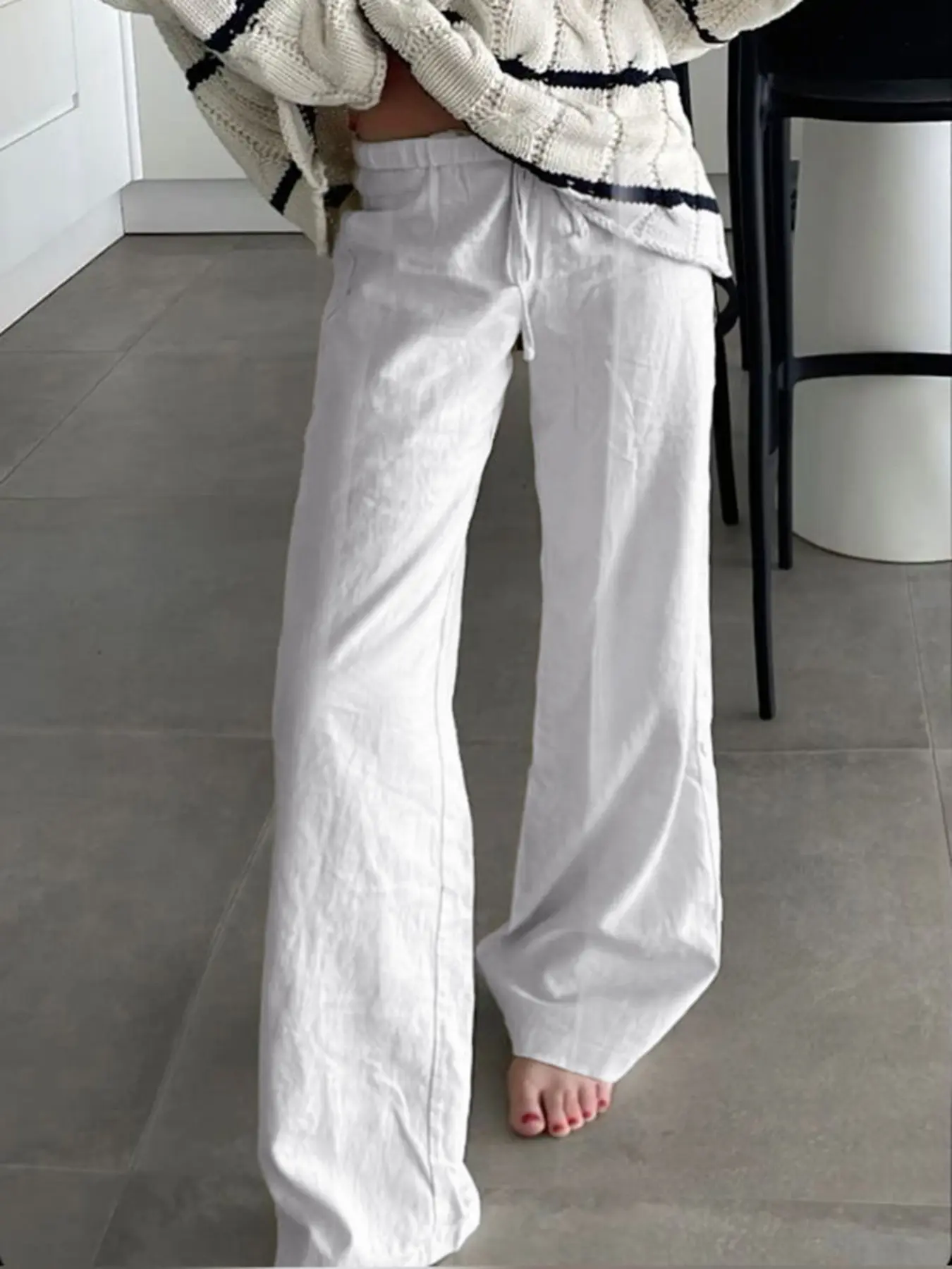 Rockmore White Pants Women All Match Center Split Casual Trousers Drawstring Elasticized Mid Waist Solid Sweatpants Y2k Clothes