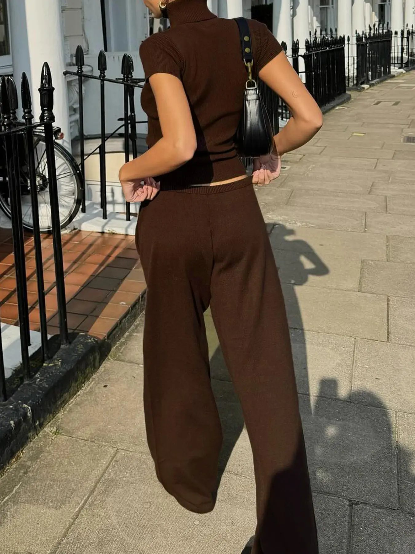 Rockmore Brown Knit Casual Elastic Waist Pant for Women Retro Solid Buttons Straight Trouser Harajuku Chic All Match Y2k Clothes