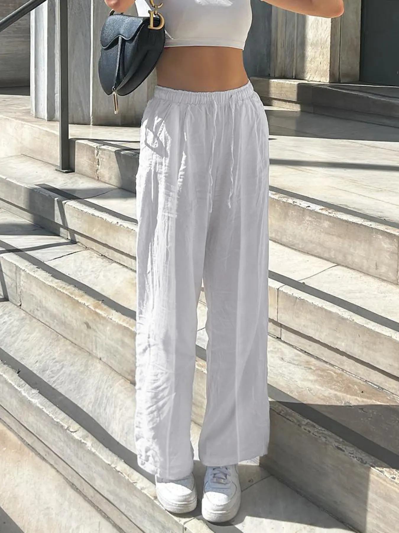 Rockmore White Pants Women All Match Center Split Casual Trousers Drawstring Elasticized Mid Waist Solid Sweatpants Y2k Clothes