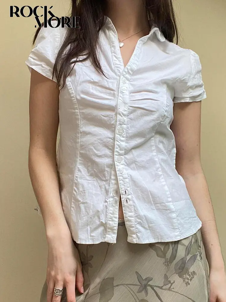 Rockmoer  Harajuku Y2K White Blouses Basics Turn-down Neck Chic Back Lace-Up Aesthetic Shirts Women Fashion Casual Cute Clothes