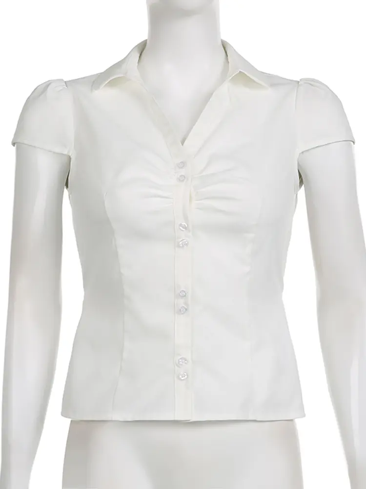 Rockmoer  Harajuku Y2K White Blouses Basics Turn-down Neck Chic Back Lace-Up Aesthetic Shirts Women Fashion Casual Cute Clothes