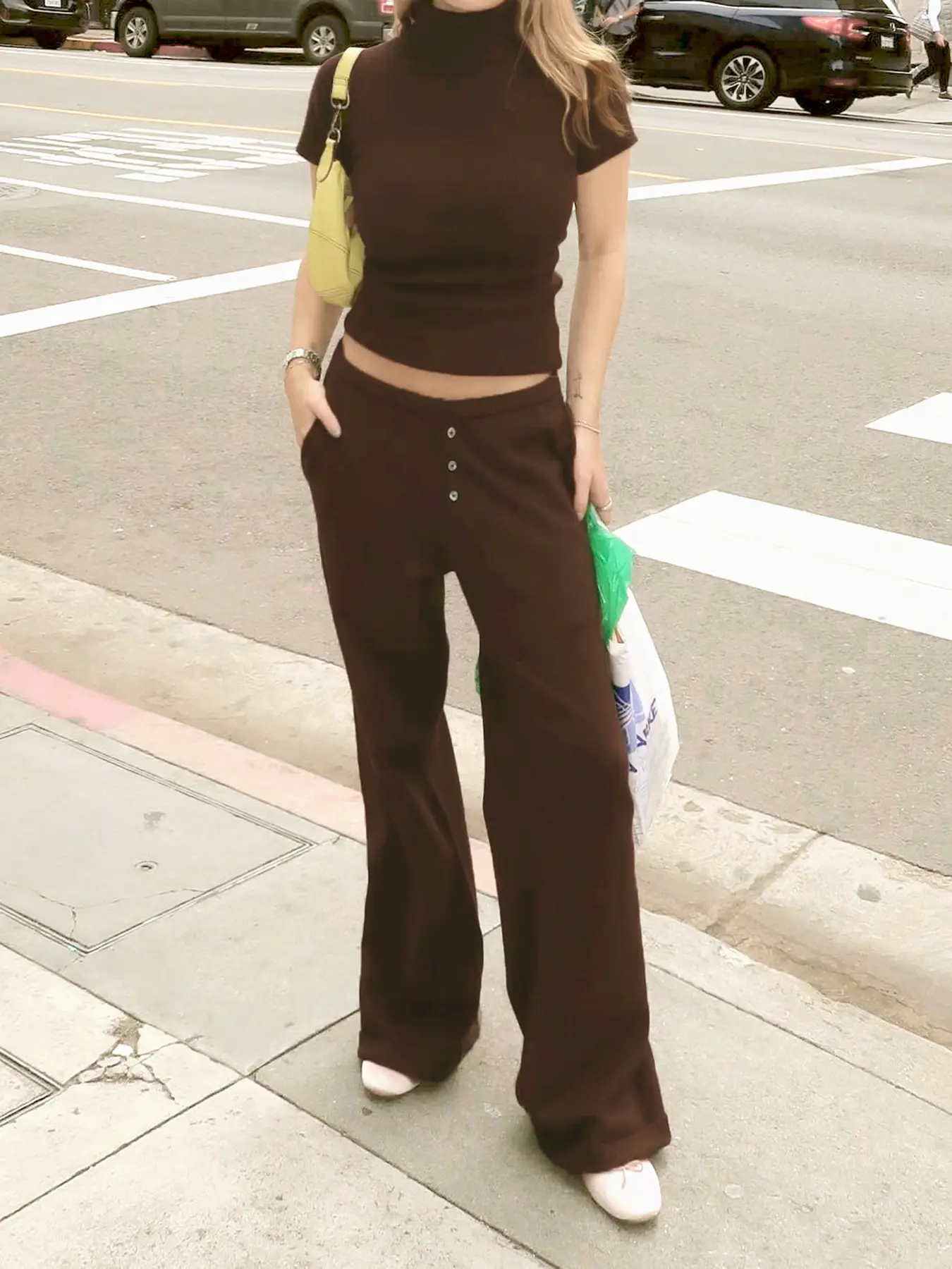 Rockmore Brown Knit Casual Elastic Waist Pant for Women Retro Solid Buttons Straight Trouser Harajuku Chic All Match Y2k Clothes