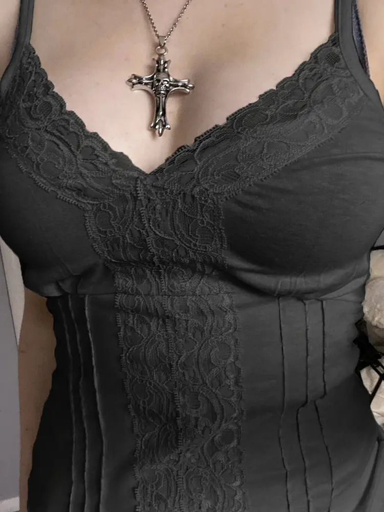Rockmore Y2k Aesthetical Lace Split Camisole Streetwear Solid V-neck Spaghetti Strap Tops Casual Fashion Sleeveless Tees Summer
