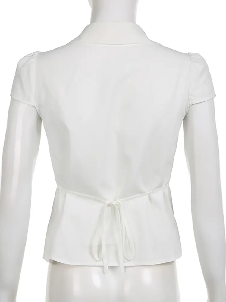 Rockmoer  Harajuku Y2K White Blouses Basics Turn-down Neck Chic Back Lace-Up Aesthetic Shirts Women Fashion Casual Cute Clothes