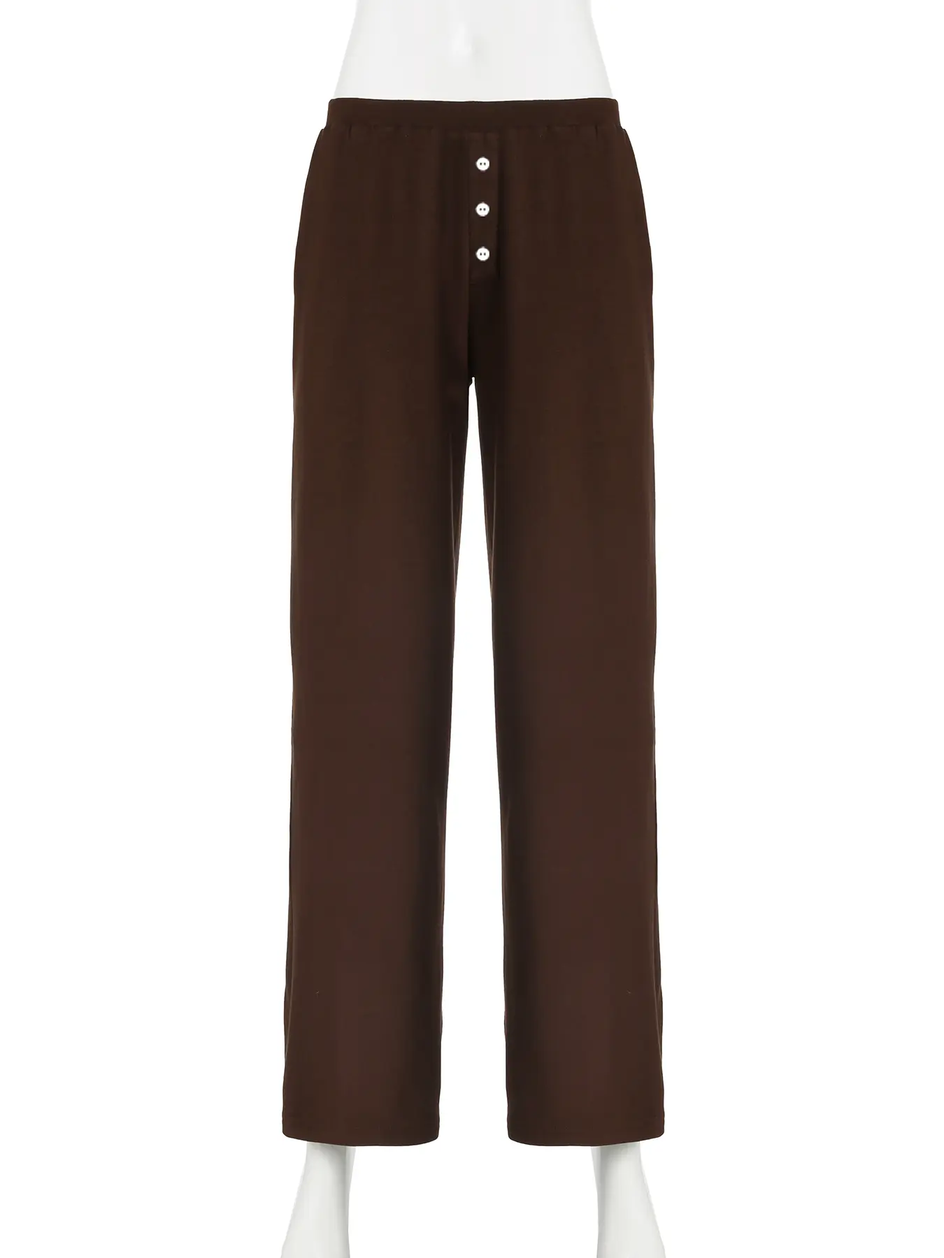 Rockmore Brown Knit Casual Elastic Waist Pant for Women Retro Solid Buttons Straight Trouser Harajuku Chic All Match Y2k Clothes