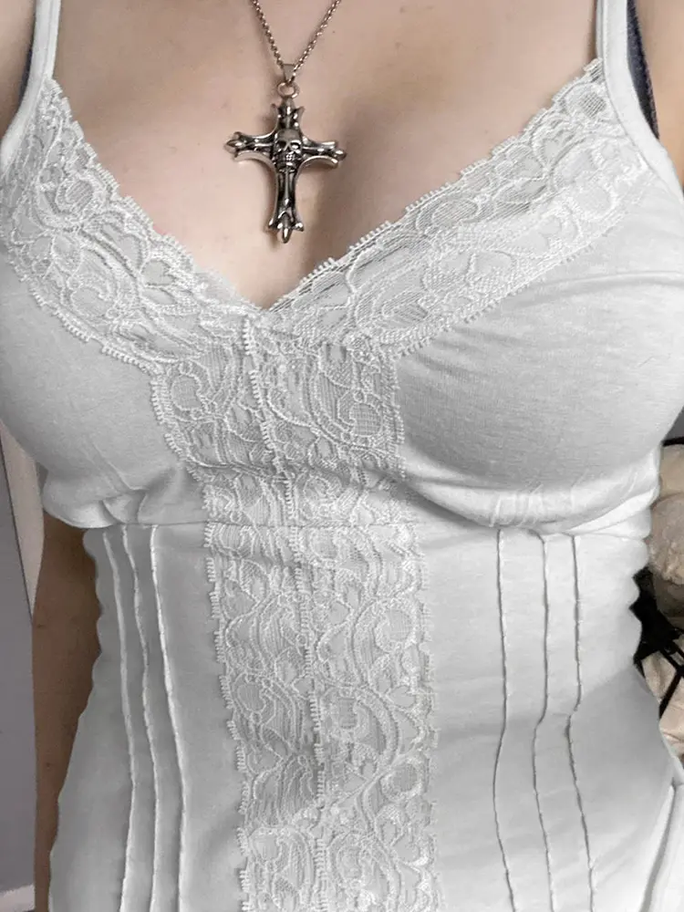 Rockmore Y2k Aesthetical Lace Split Camisole Streetwear Solid V-neck Spaghetti Strap Tops Casual Fashion Sleeveless Tees Summer