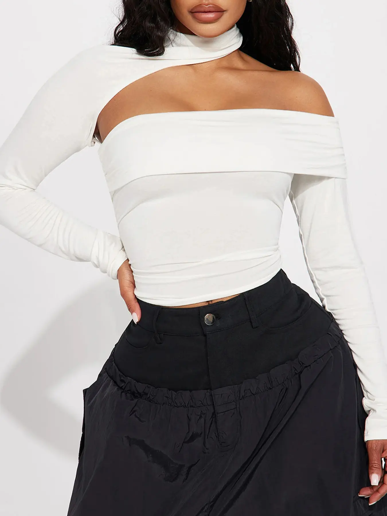 Rockmore Y2k Aesthetical Solid Designer Strapless Slim Long Sleeve Elegant Sexy Tanks Top Chic Asymmetric T-shirt Korean Clothes