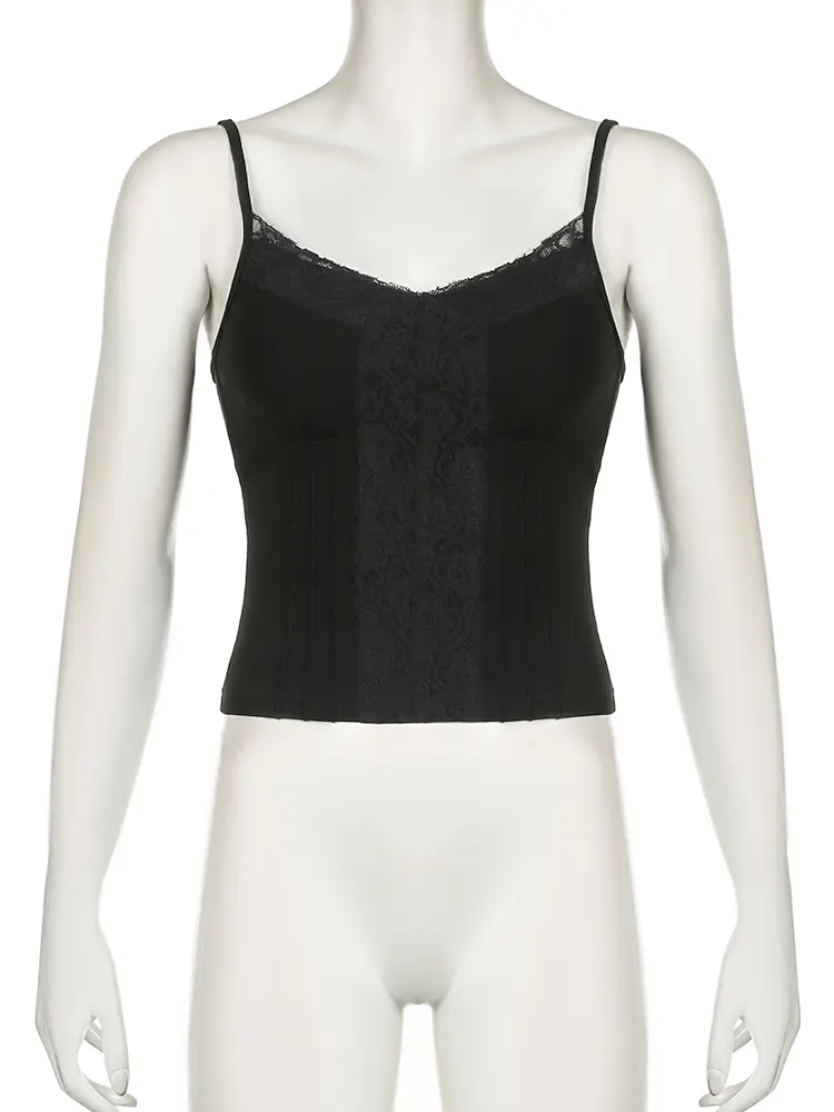Rockmore Y2k Aesthetical Lace Split Camisole Streetwear Solid V-neck Spaghetti Strap Tops Casual Fashion Sleeveless Tees Summer