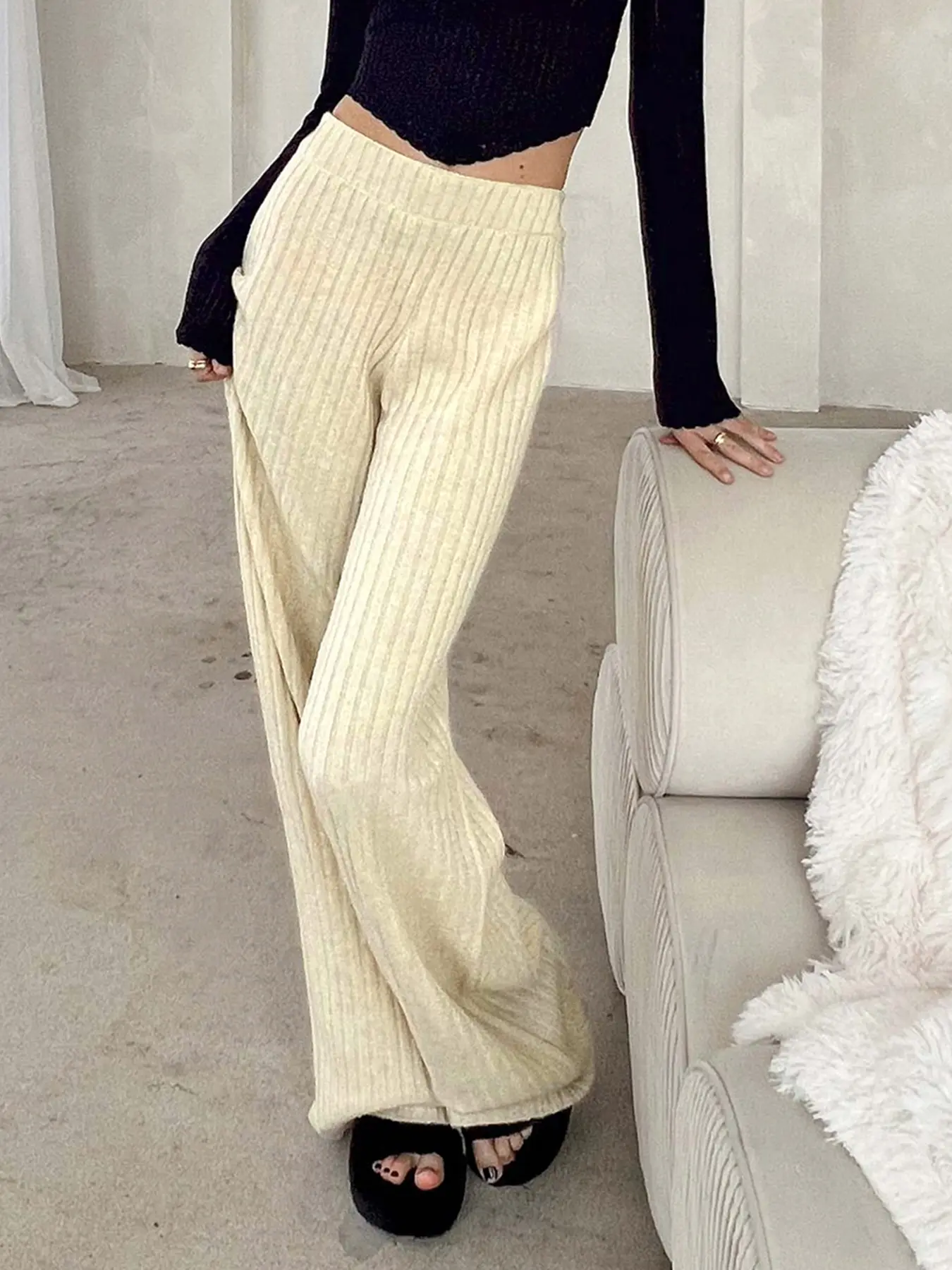 Rockmore Casual Solid Ribbed Autumn Winter Pants for Women Chic All Match Elastic Waist Trousers Streetwear Harajuku Y2k Clothes