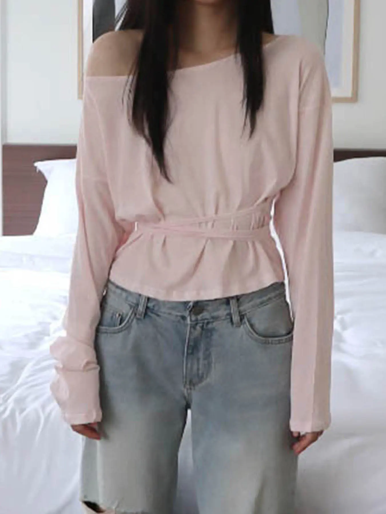Rockmore Y2K Aesthetics Of Shoulder Long Sleeve Casual Solid Bandage Tops Harajuku Skew Collar Long Sleeve Folds Loose Clothes