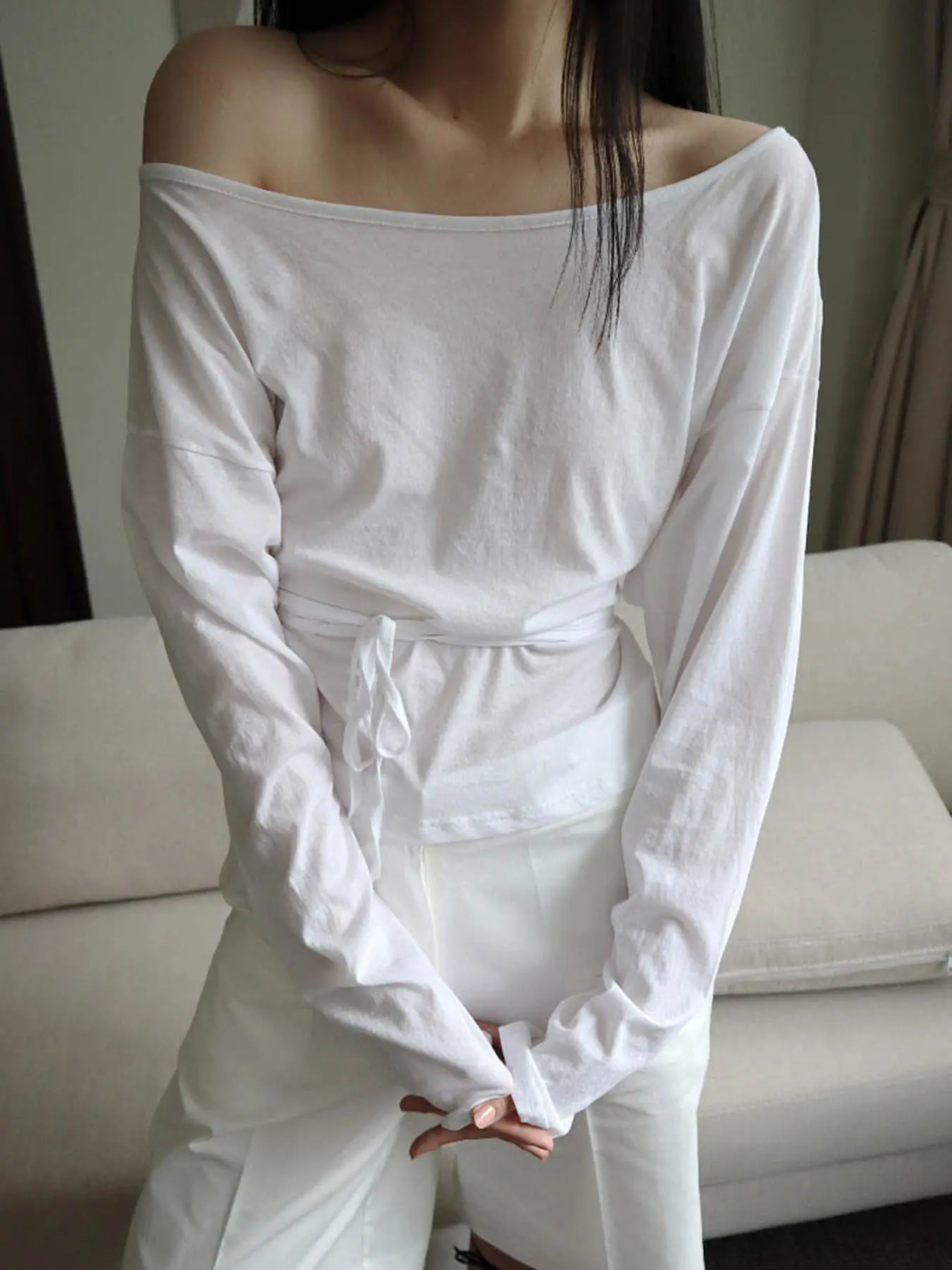 Rockmore Y2K Aesthetics Of Shoulder Long Sleeve Casual Solid Bandage Tops Harajuku Skew Collar Long Sleeve Folds Loose Clothes