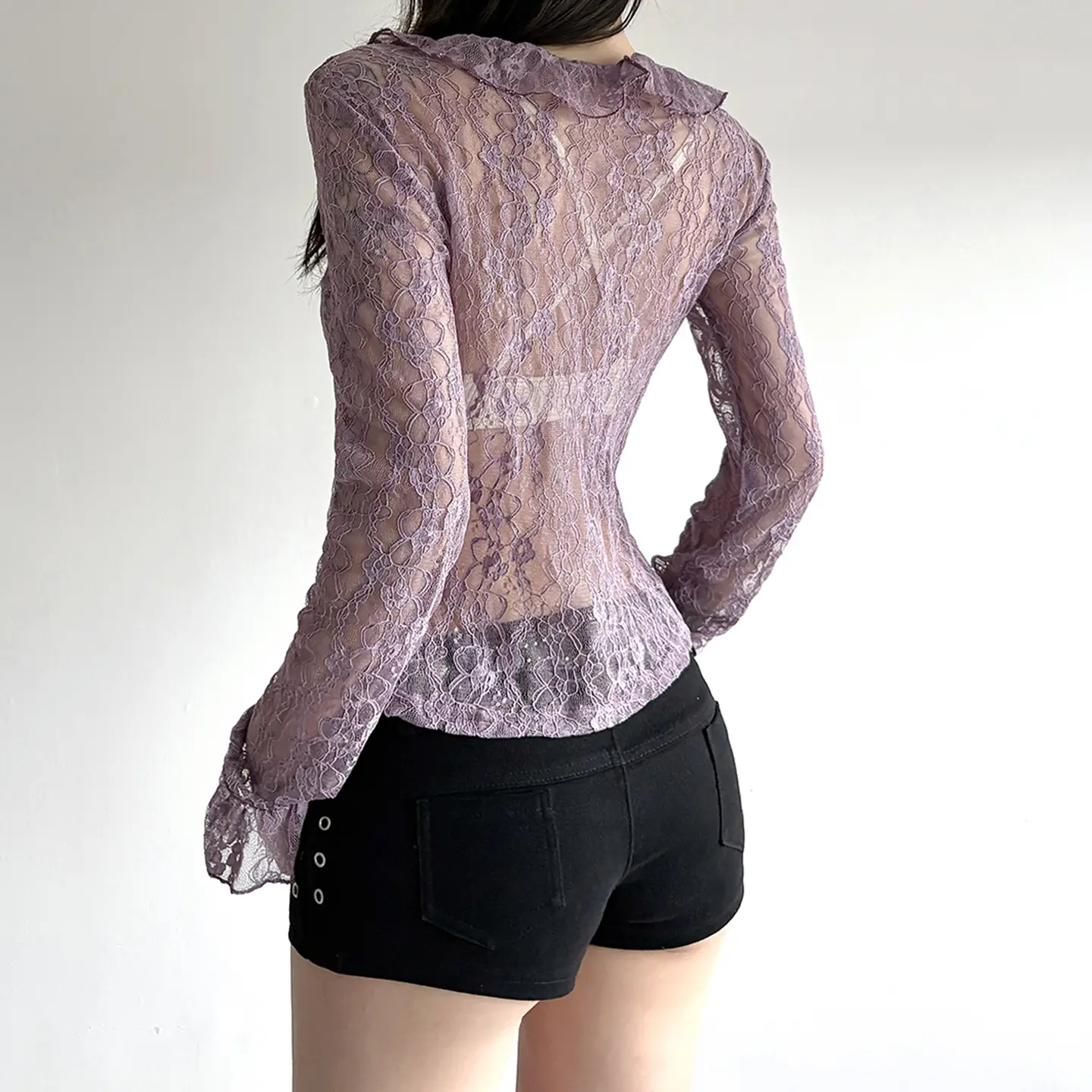 Women's Lace Sheer Blouse Top Fairycore Grunge Y2K Aesthetic Ruffle Lace-up Long Sleeve Sun Protection Shirt for Spring Fall