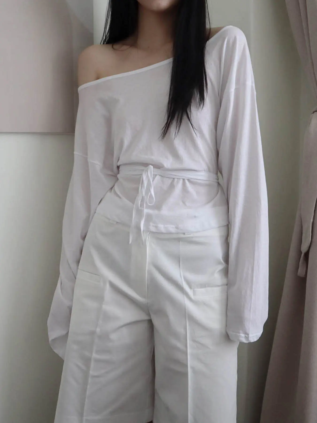 Rockmore Y2K Aesthetics Of Shoulder Long Sleeve Casual Solid Bandage Tops Harajuku Skew Collar Long Sleeve Folds Loose Clothes