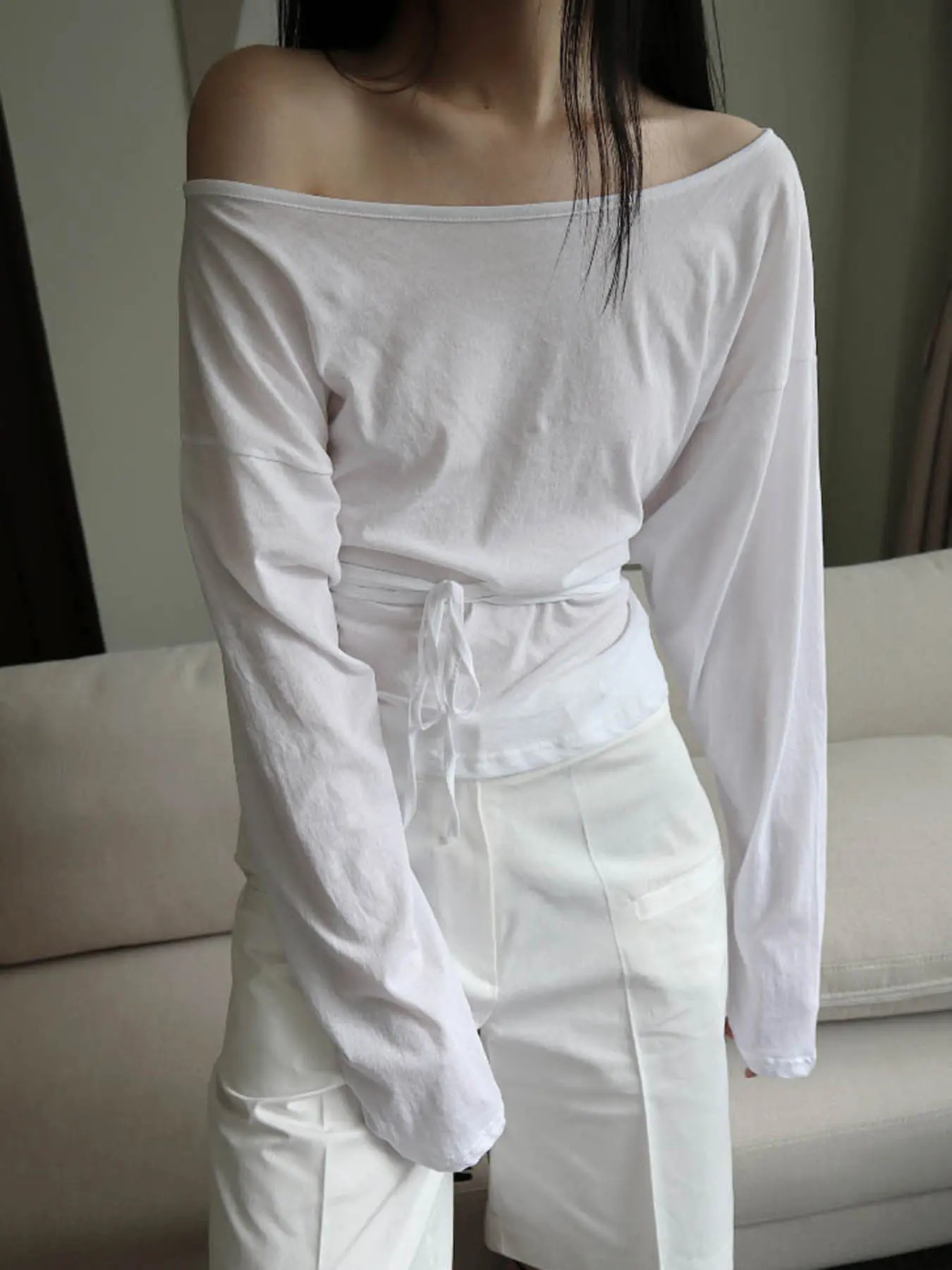 Rockmore Y2K Aesthetics Of Shoulder Long Sleeve Casual Solid Bandage Tops Harajuku Skew Collar Long Sleeve Folds Loose Clothes