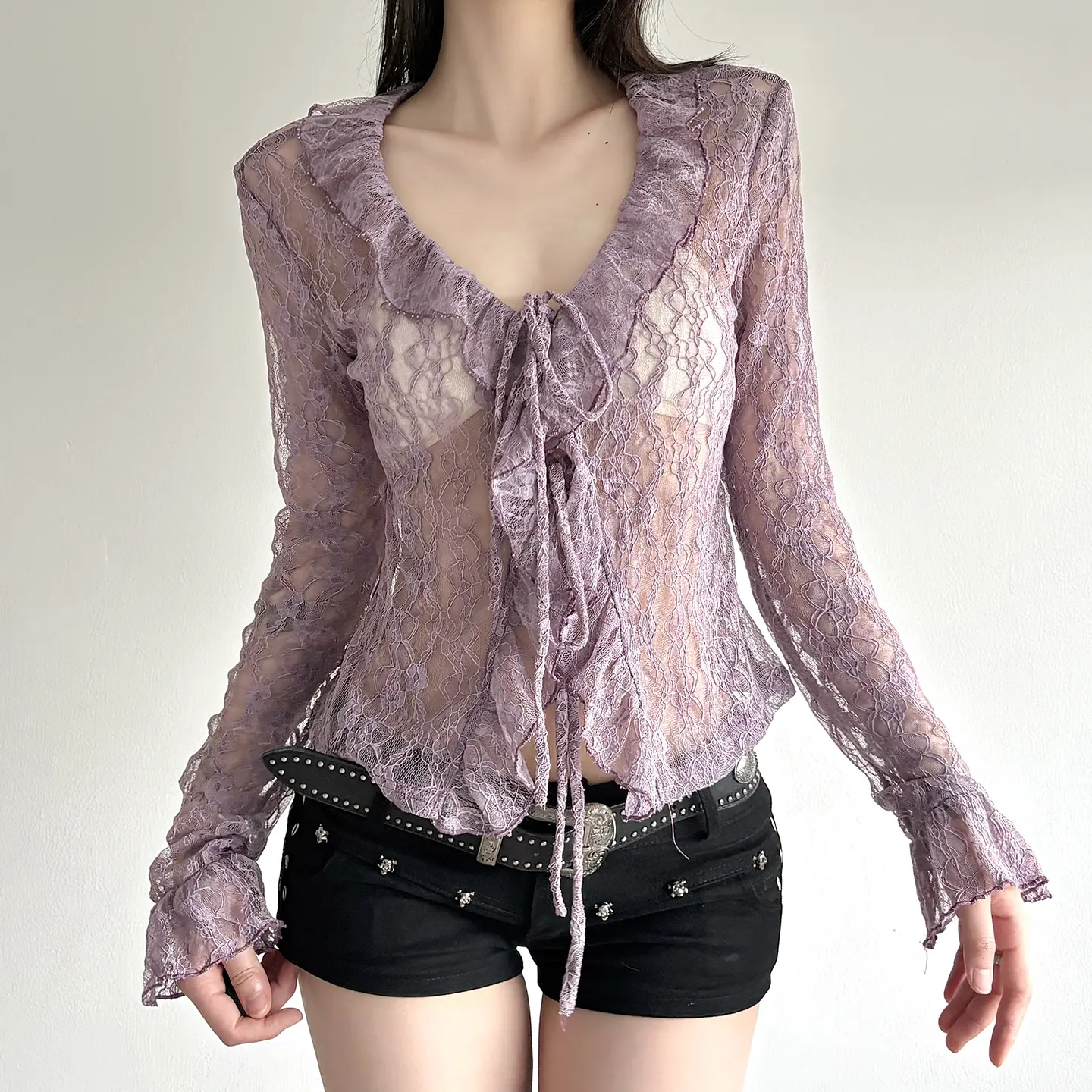 Women's Lace Sheer Blouse Top Fairycore Grunge Y2K Aesthetic Ruffle Lace-up Long Sleeve Sun Protection Shirt for Spring Fall