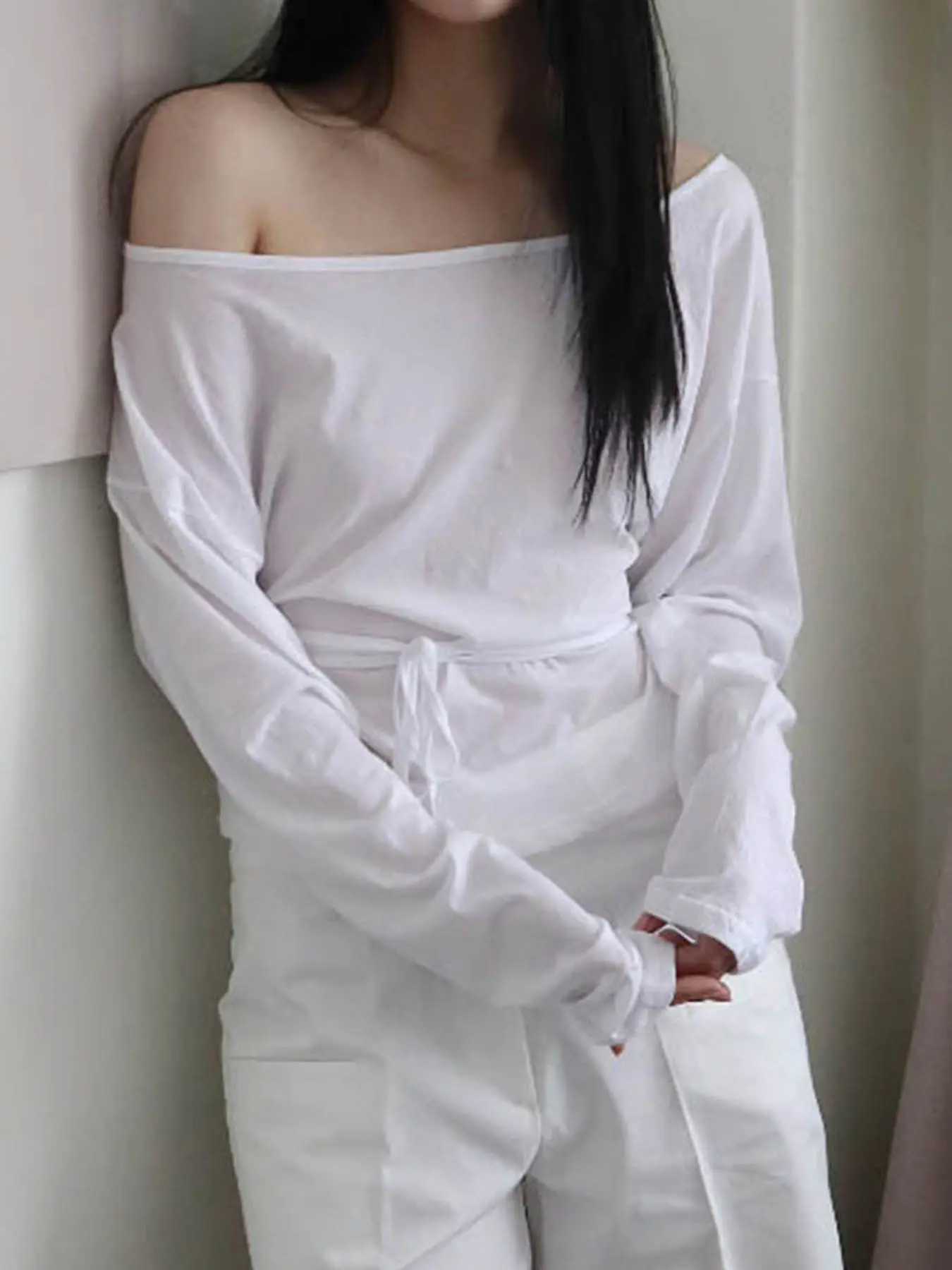 Rockmore Y2K Aesthetics Of Shoulder Long Sleeve Casual Solid Bandage Tops Harajuku Skew Collar Long Sleeve Folds Loose Clothes